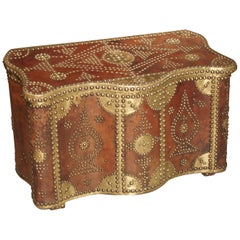 Vintage Leather Bound Trunk with Decorative Brass Nailheads and Plating, North Africa