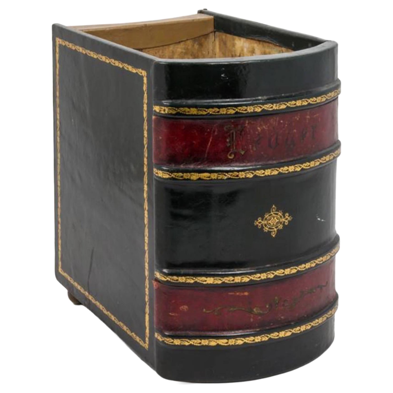 Leather-bound wastepaper basket in the form of a book binding