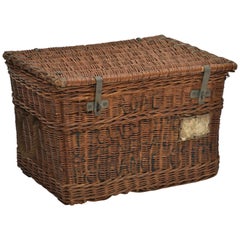 Antique Leather-Bound Wicker Basket, England, circa 1920s