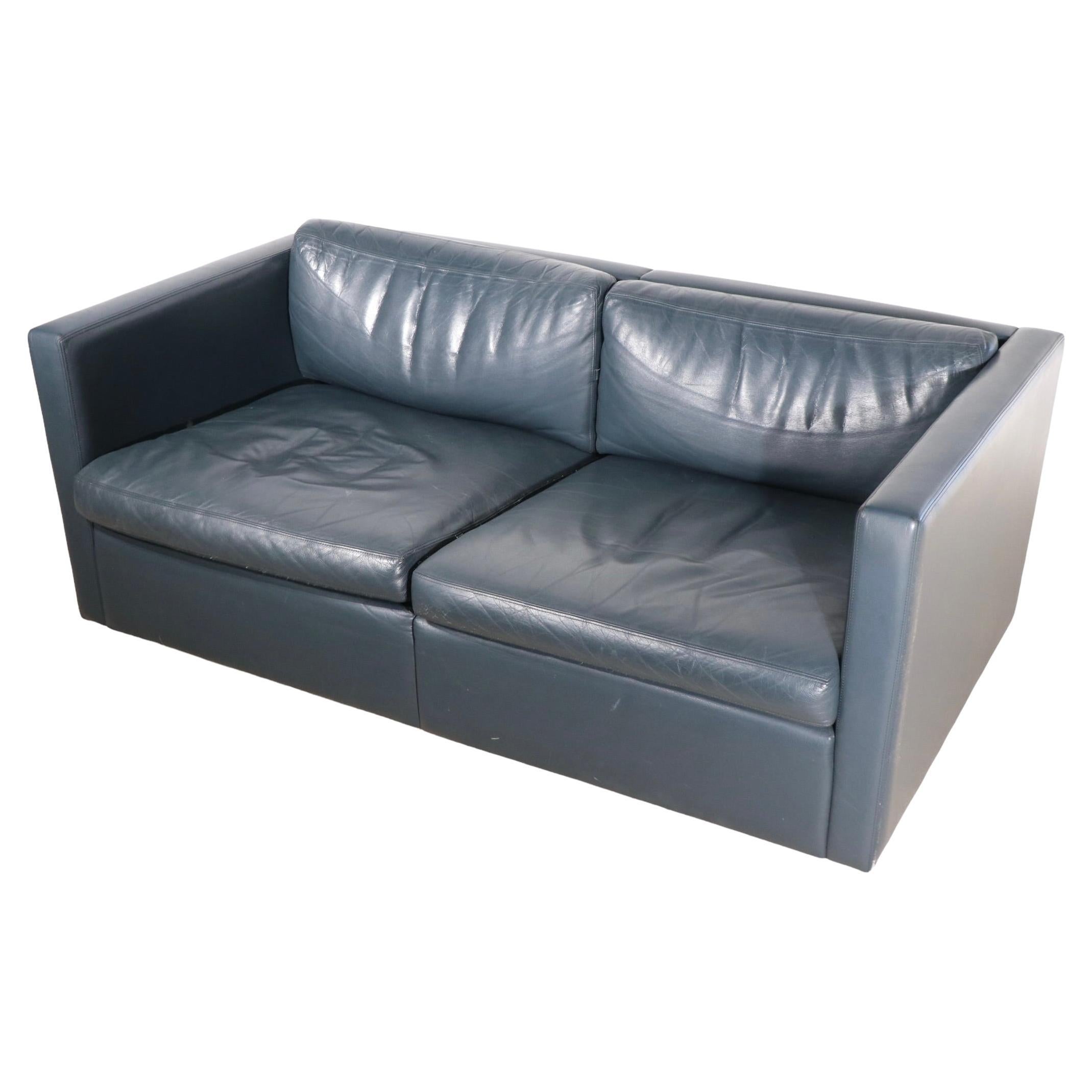 Leather Box Style Loveseat Sofa by Charles Pfister for Knoll For Sale