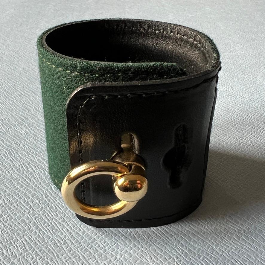 Leather Bracelet Collier De Chien Calfskin Green Wool Black Gold Plated Brass In New Condition For Sale In Los Angeles, CA