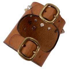 Leather Bracelet Cuff Tan Calfskin Studded Double Buckle