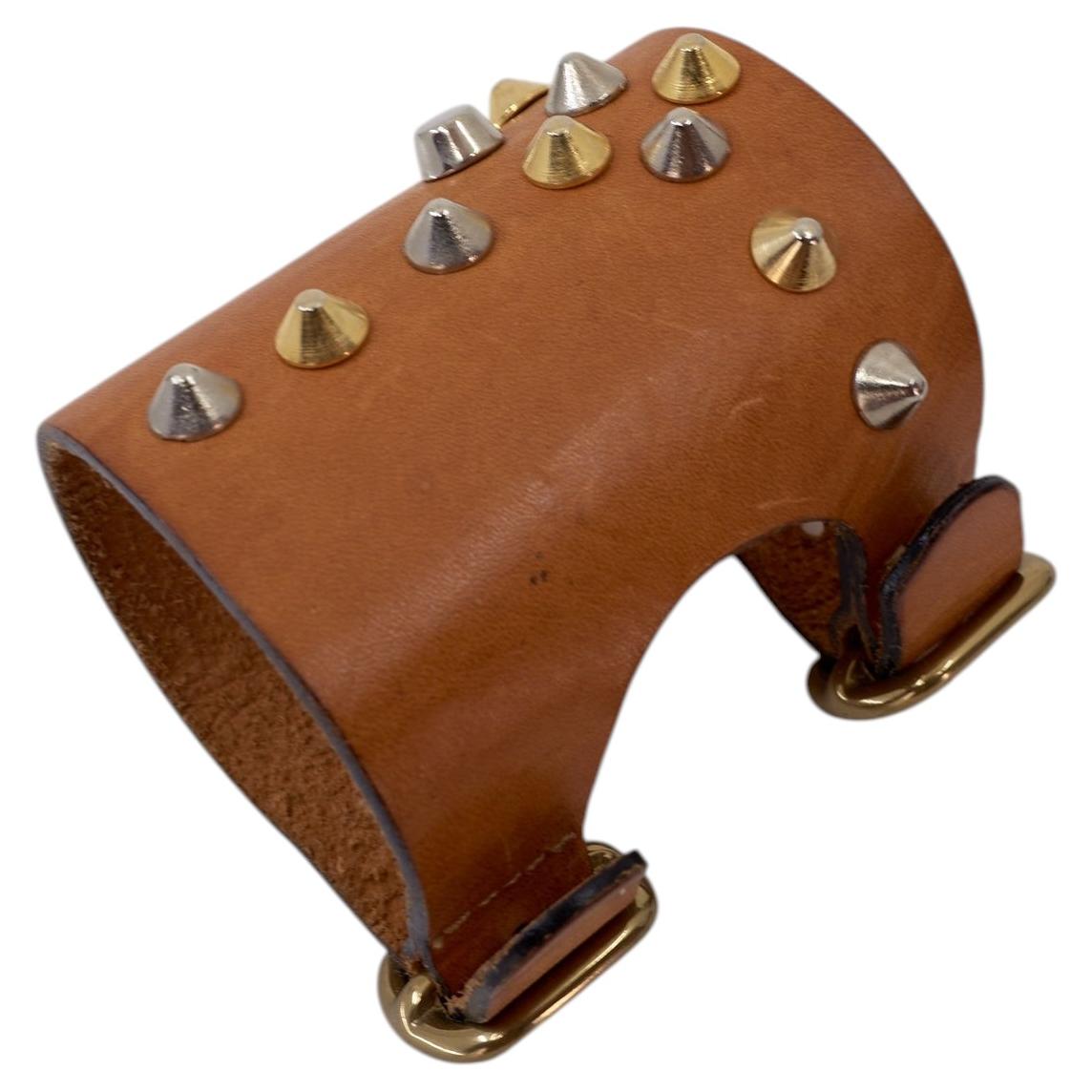 Studded Cuff Buckle Leather Bracelet Tan Calfskin Statement For Sale