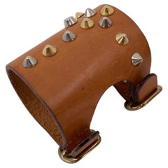 Leather Bracelet Cuff Tan Calfskin Studded Double Buckle