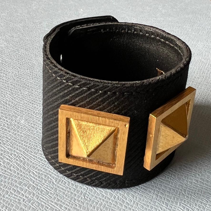 Women's Leather Bracelet Gold Stud Black Wool For Sale