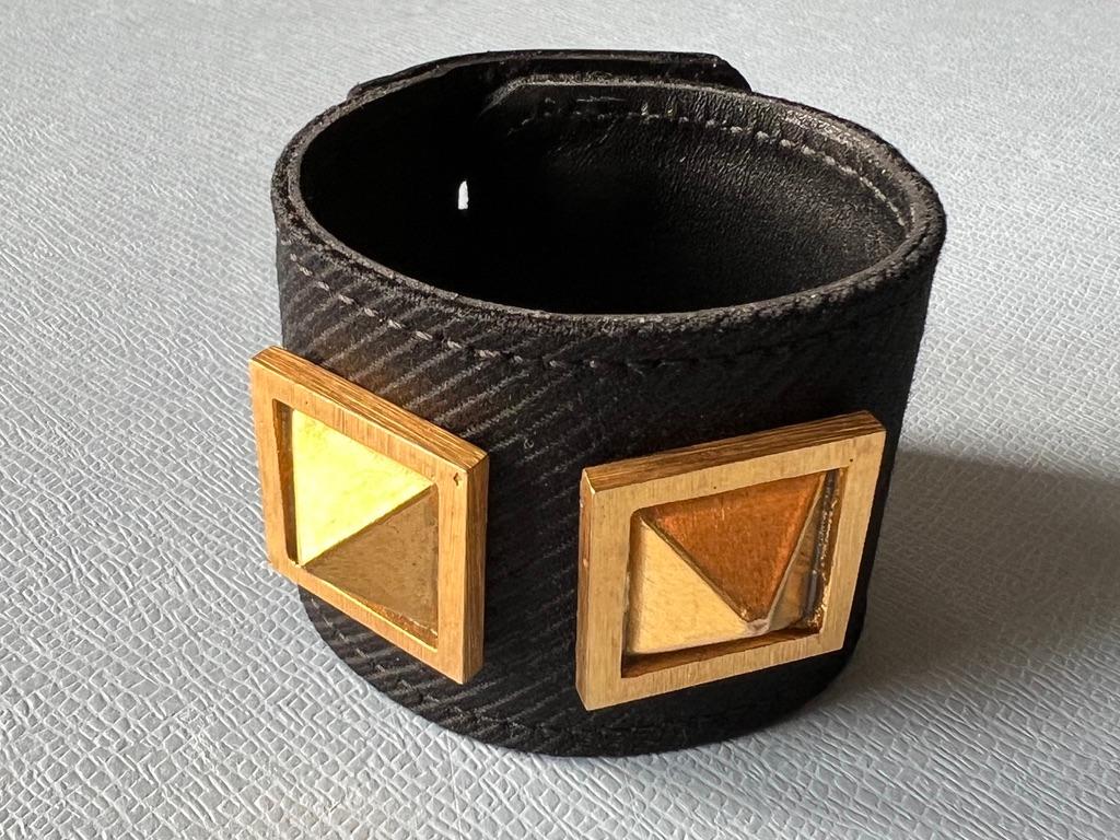 Leather Bracelet Gold Stud Black Wool For Sale 3