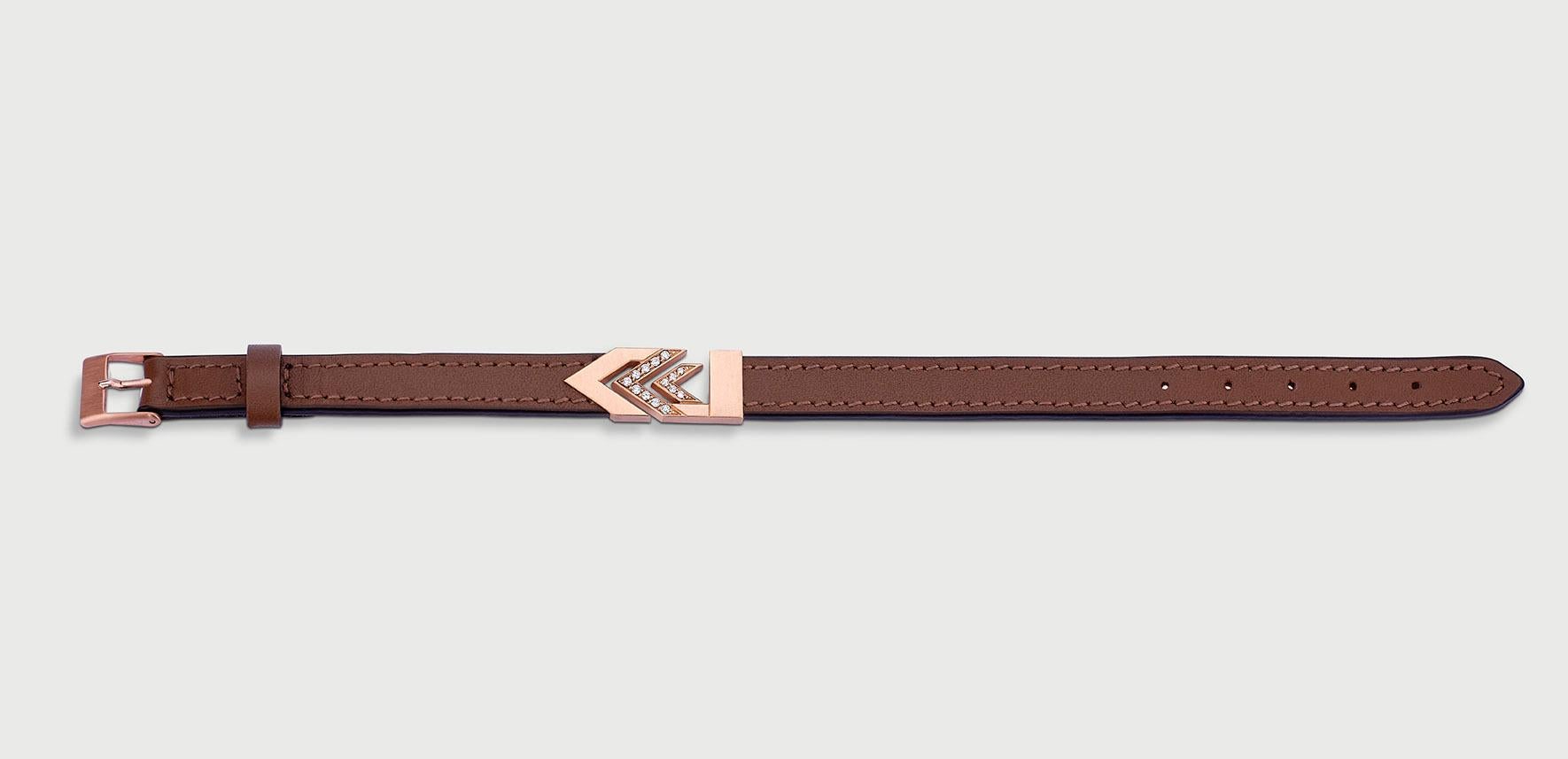 Contemporary Leather Bracelet in 18K Rose Gold & White Diamonds 0.15ct. For Sale