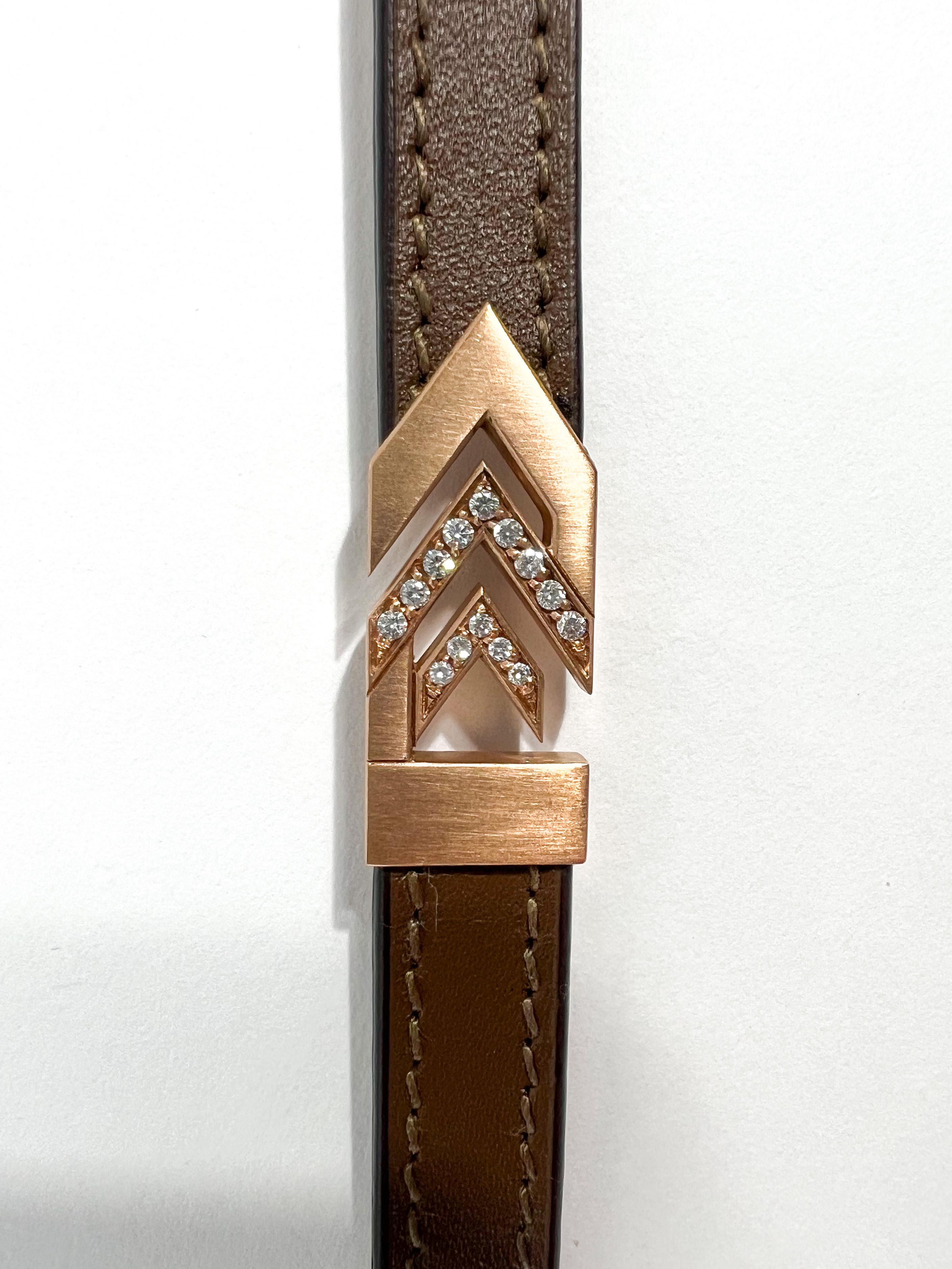 Brilliant Cut Leather Bracelet in 18K Rose Gold & White Diamonds 0.15ct. For Sale
