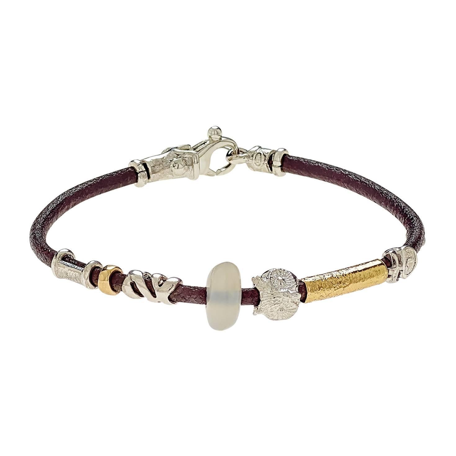 Leather Bracelet with Gold and Silver Elements and Semi Precious Stones In New Condition For Sale In Milan, IT