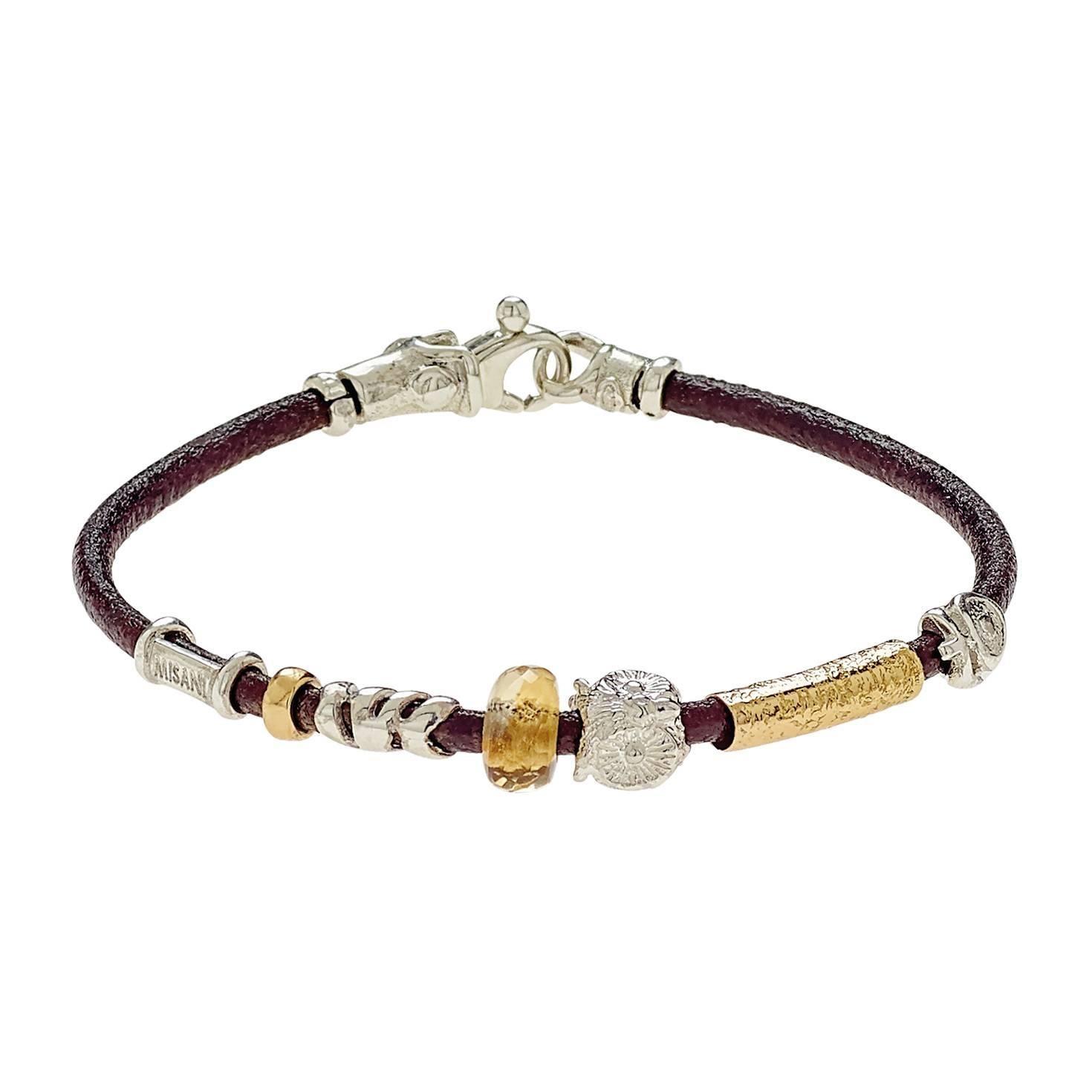 Women's or Men's Leather Bracelet with Gold and Silver Elements and Semi Precious Stones For Sale