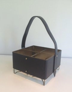 Leather, Brass and Gilt Metal Bottles Holder In the Style of Jacques Adnet