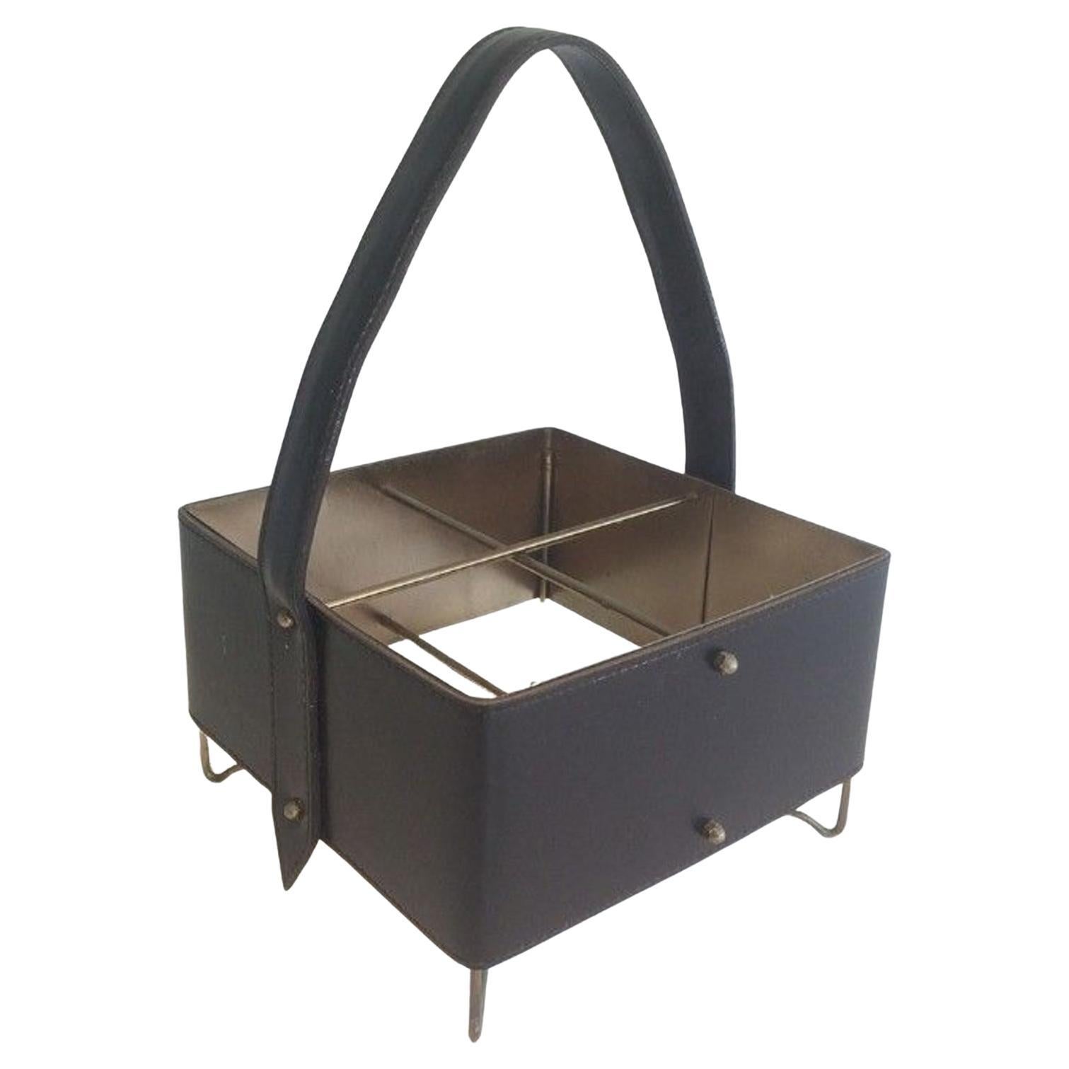 Leather, Brass and Gilt Metal Bottles Holder In the Style of Jacques Adnet