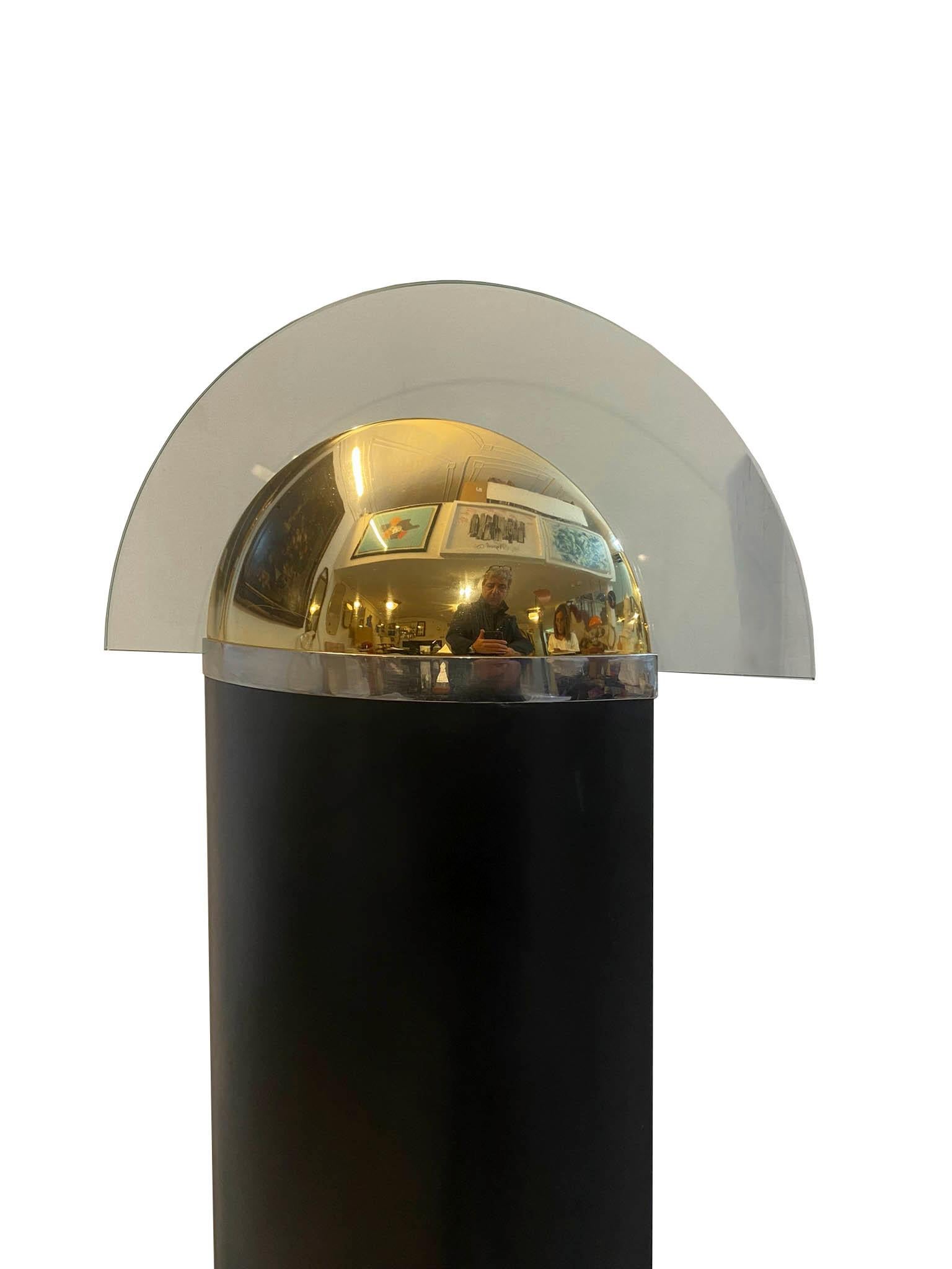Rare and original floor lamp made of black leather, brass and crescent glass diffuser