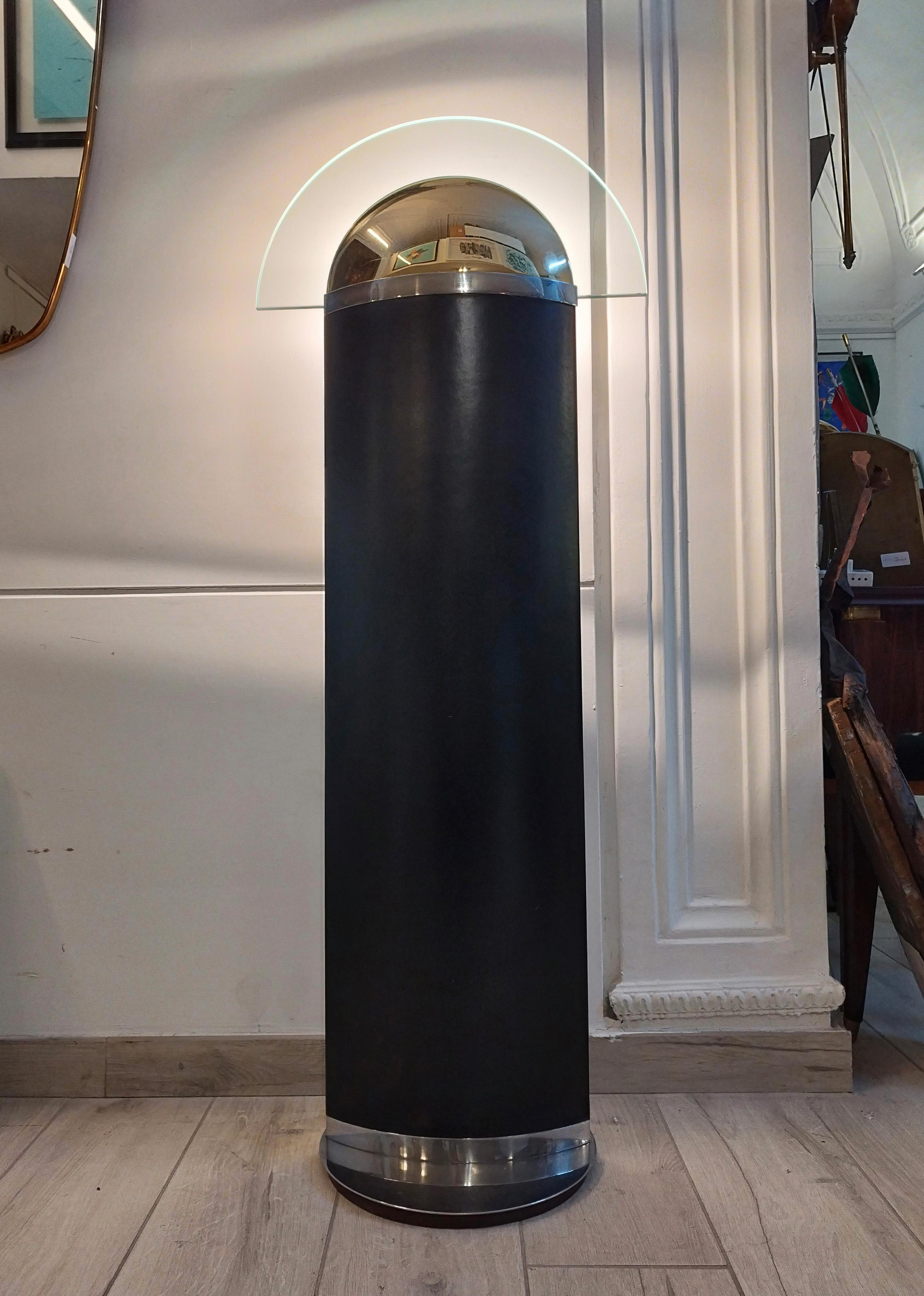 Mid-Century Modern Leather, Brass and Glass Halogen Floor Lamp, Italy, 1980 For Sale