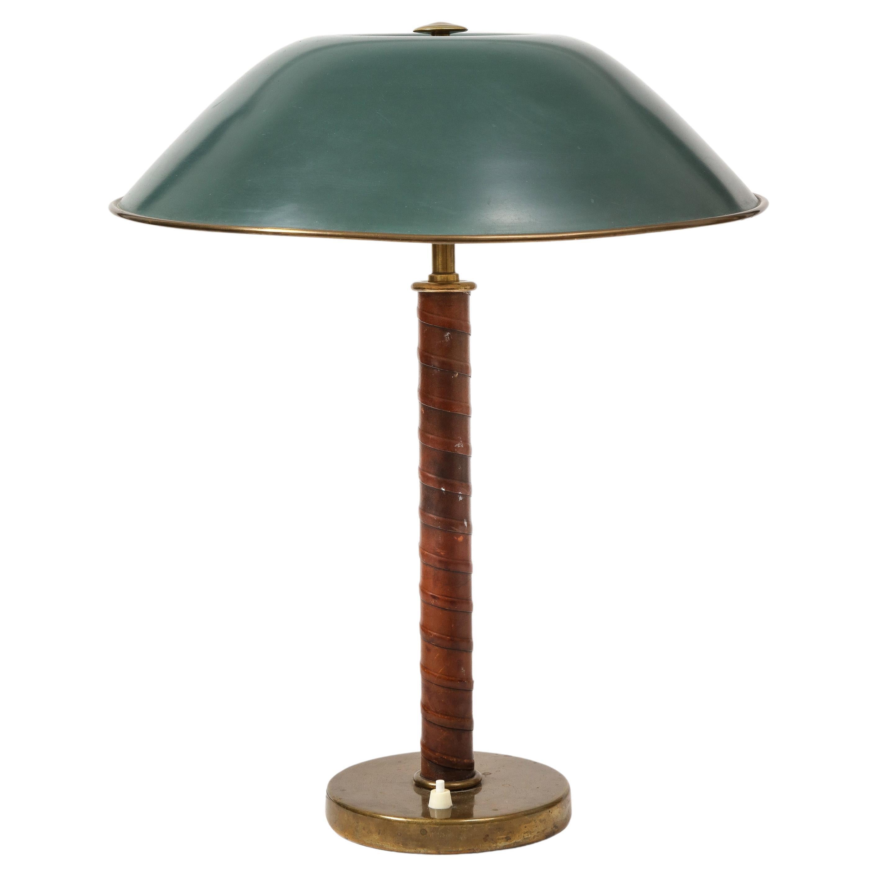 Leather, Brass and Lacquer Swedish Grace Table Lamp, Bohlmarks, Sweden For Sale