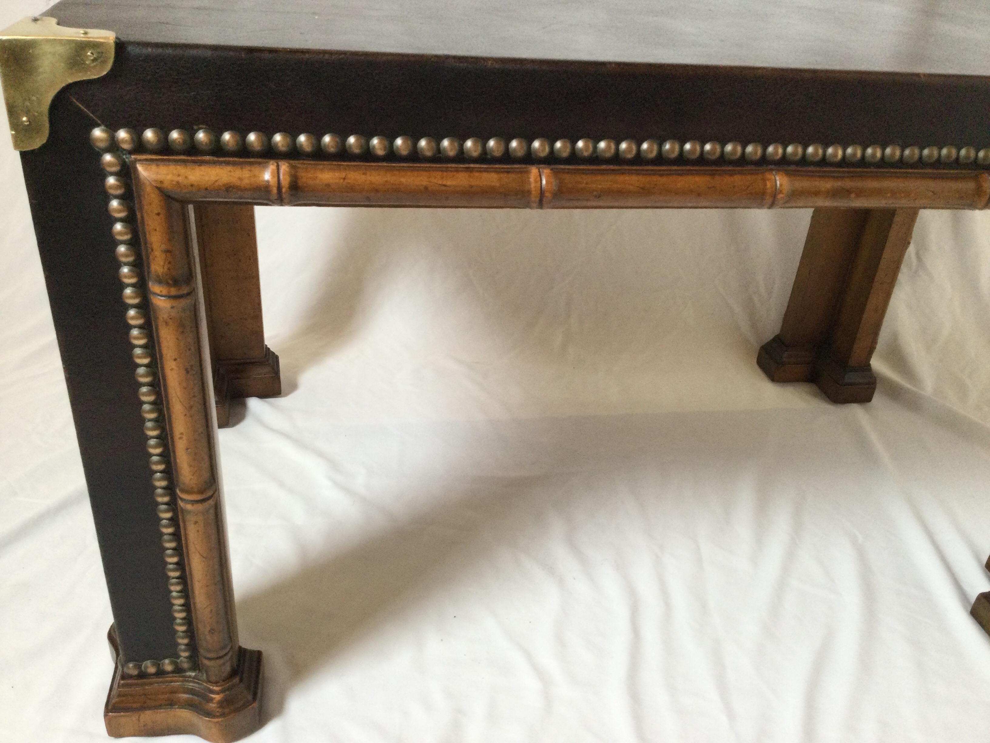 Leather Brass and Walnut Cocktail Table by Drexel In Good Condition In Lambertville, NJ