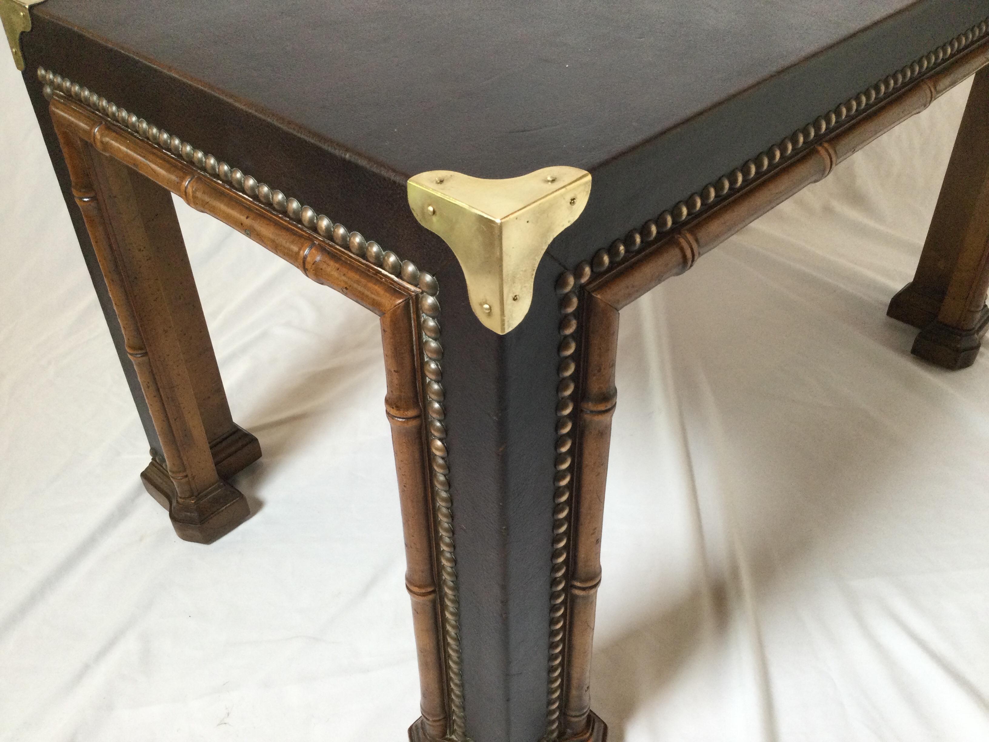 Leather Brass and Walnut Cocktail Table by Drexel 1