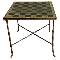 Leather & Brass Chess Table In The Manner of Maison Jansen French c1940