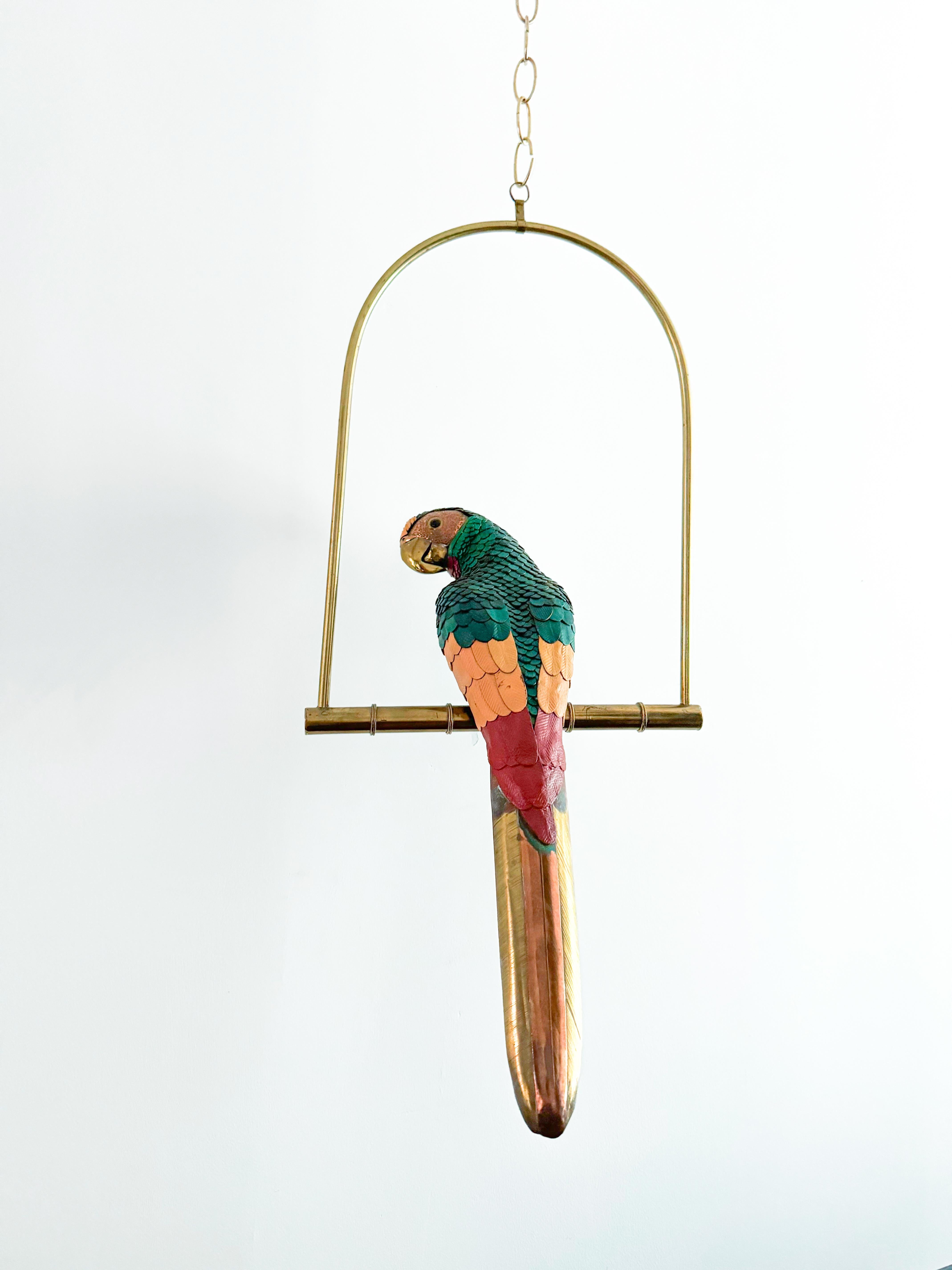 Leather Brass Parrot Sculpture Federico Mexico Style Hanging Bird Swing 1970's 4