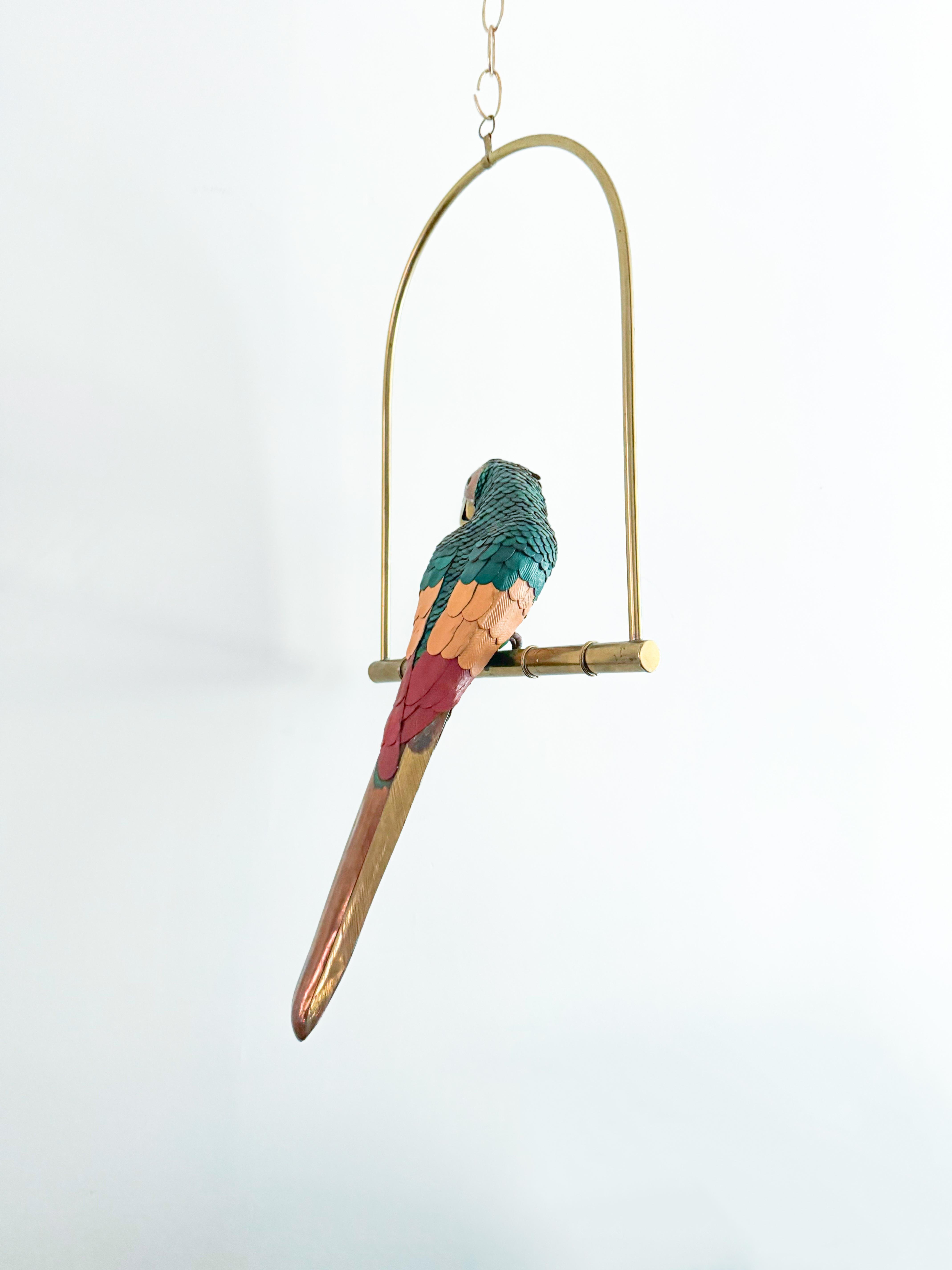 Leather Brass Parrot Sculpture Federico Mexico Style Hanging Bird Swing 1970's 5