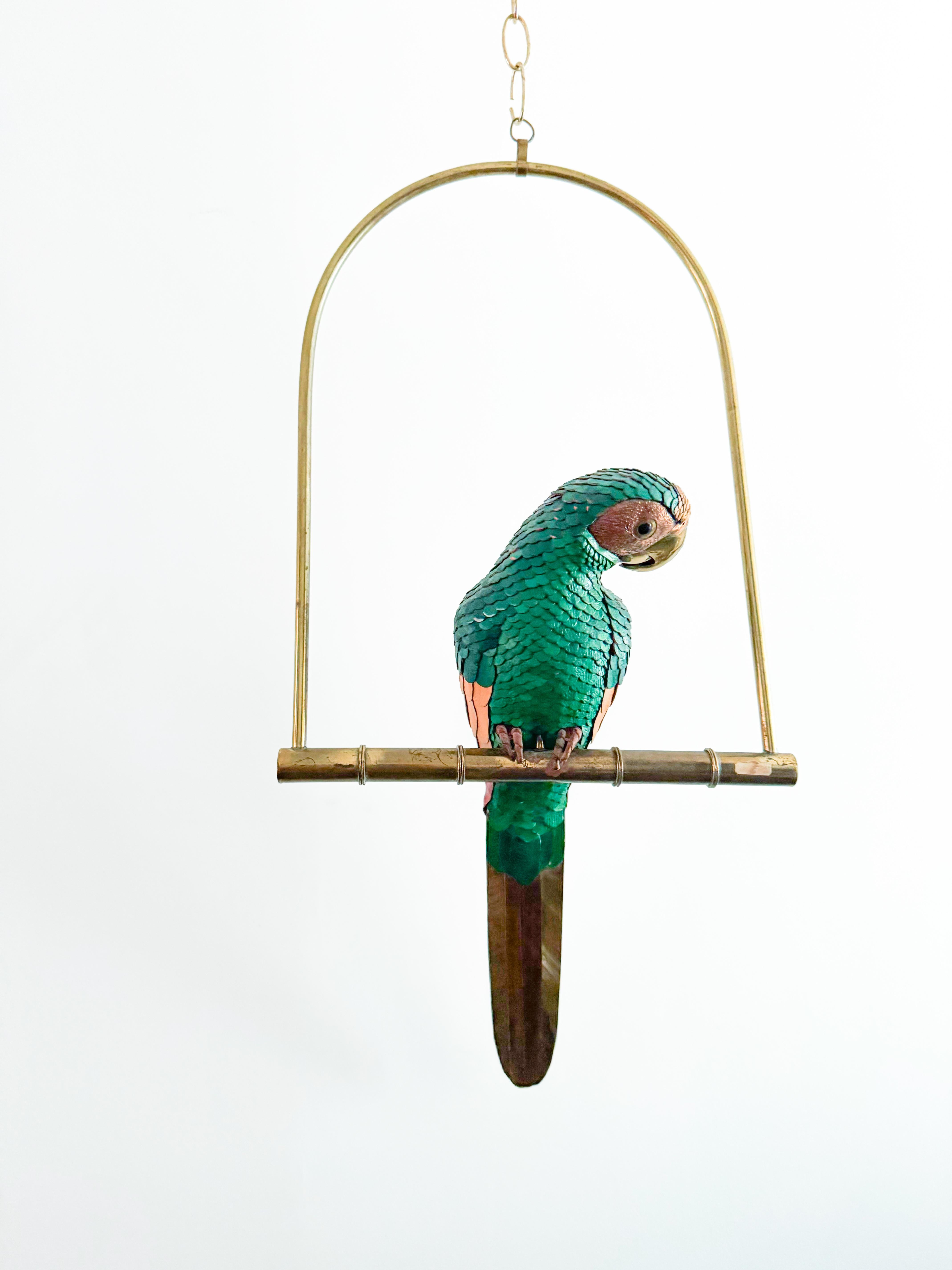 Leather Brass Parrot Sculpture Federico Mexico Style Hanging Bird Swing 1970's 6