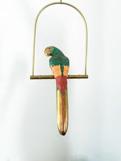 Leather Brass Parrot Sculpture Federico Mexico Style Hanging Bird Swing 1970's