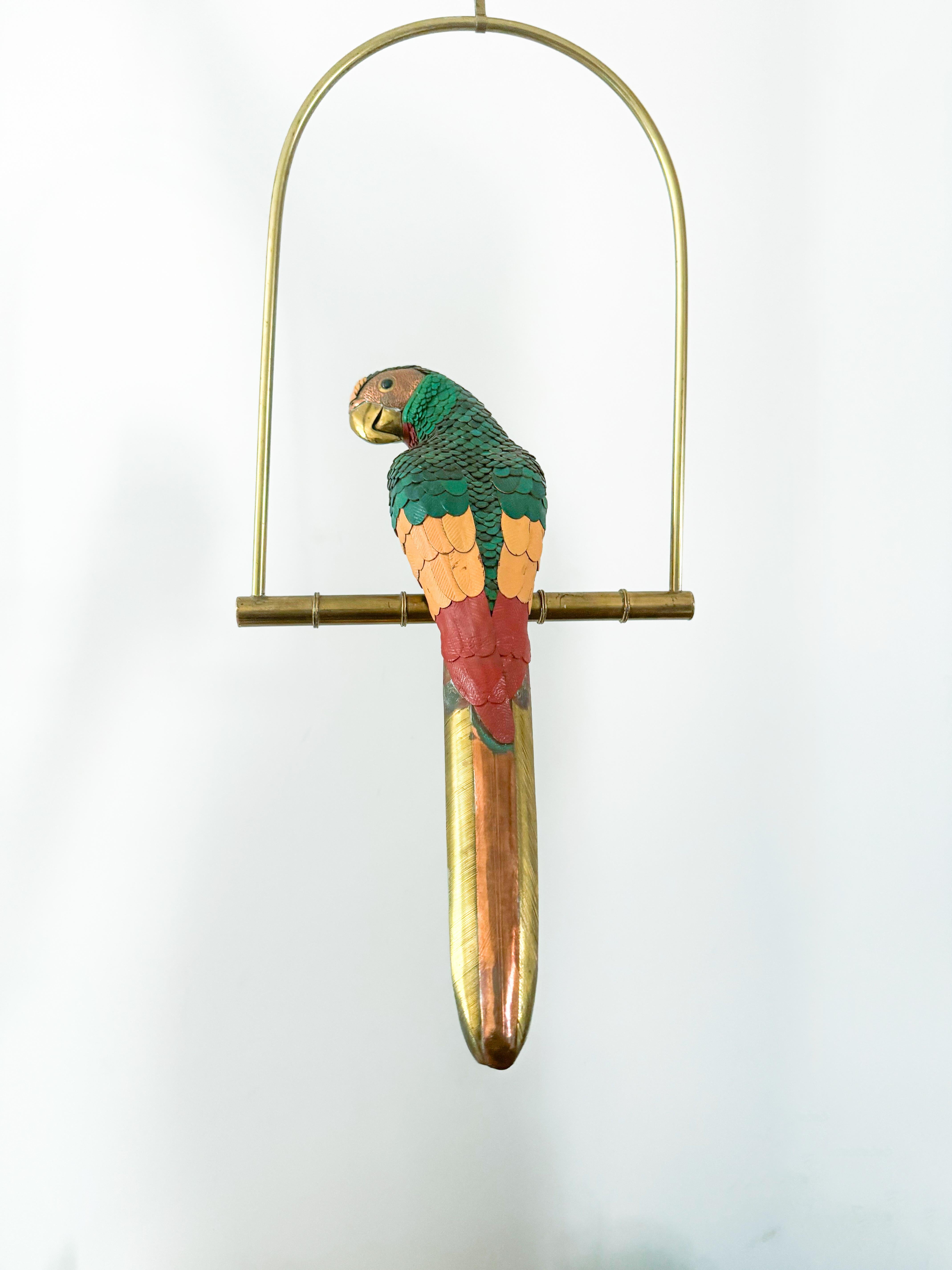Mid-Century Modern Leather Brass Parrot Sculpture Federico Mexico Style Hanging Bird Swing 1970's