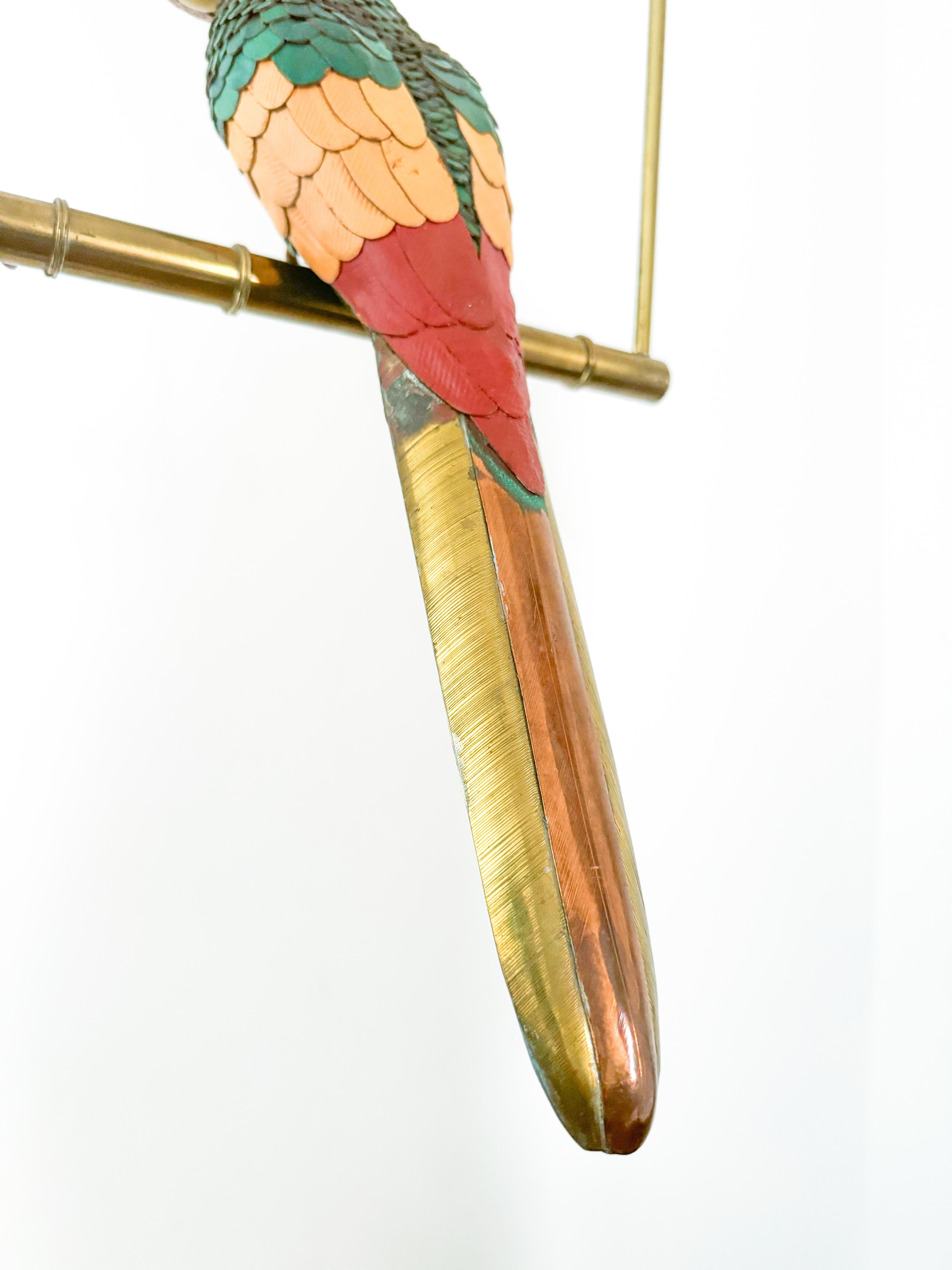 Mexican Leather Brass Parrot Sculpture Federico Mexico Style Hanging Bird Swing 1970's