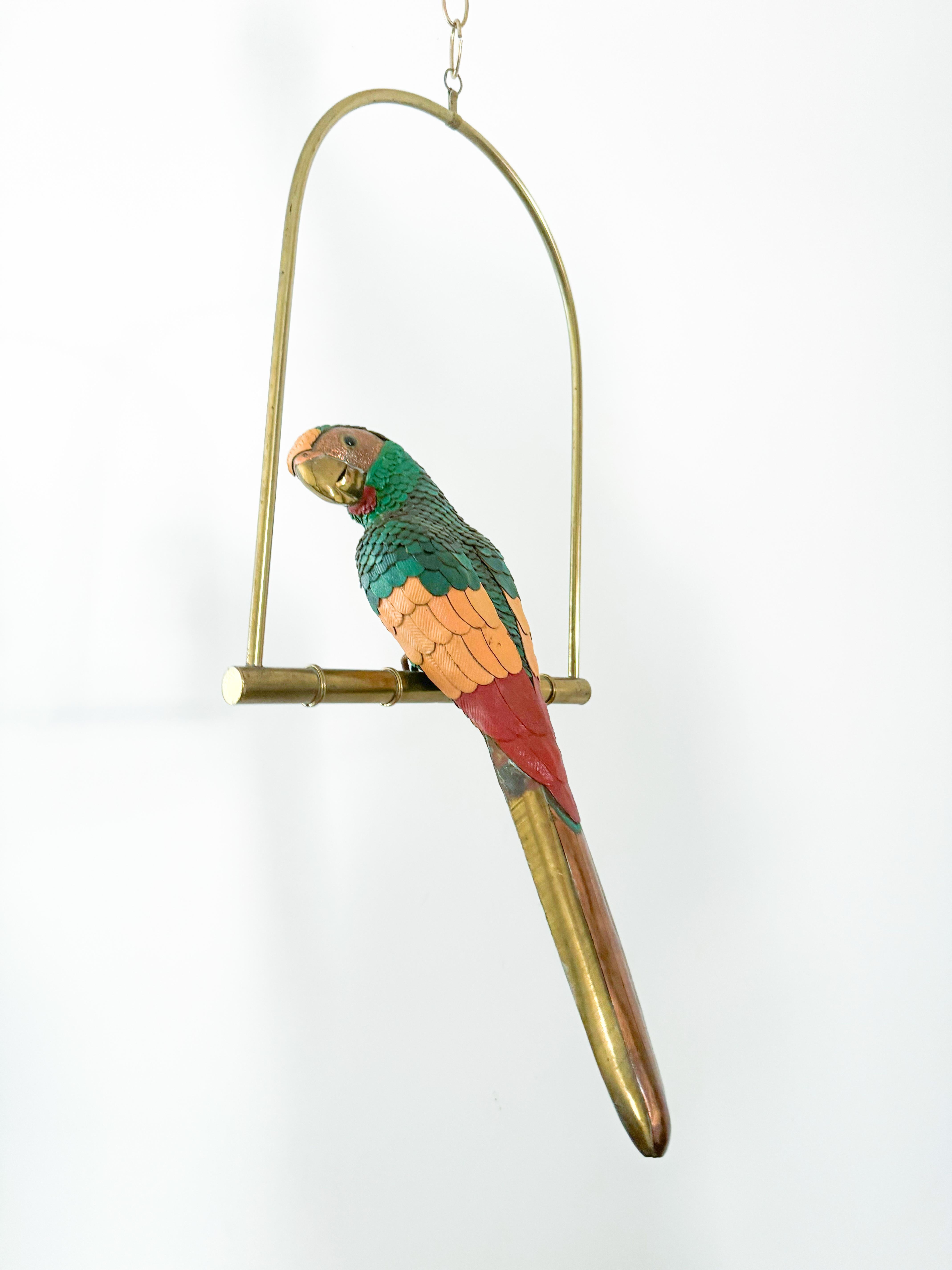 Leather Brass Parrot Sculpture Federico Mexico Style Hanging Bird Swing 1970's In Good Condition In Toronto, CA
