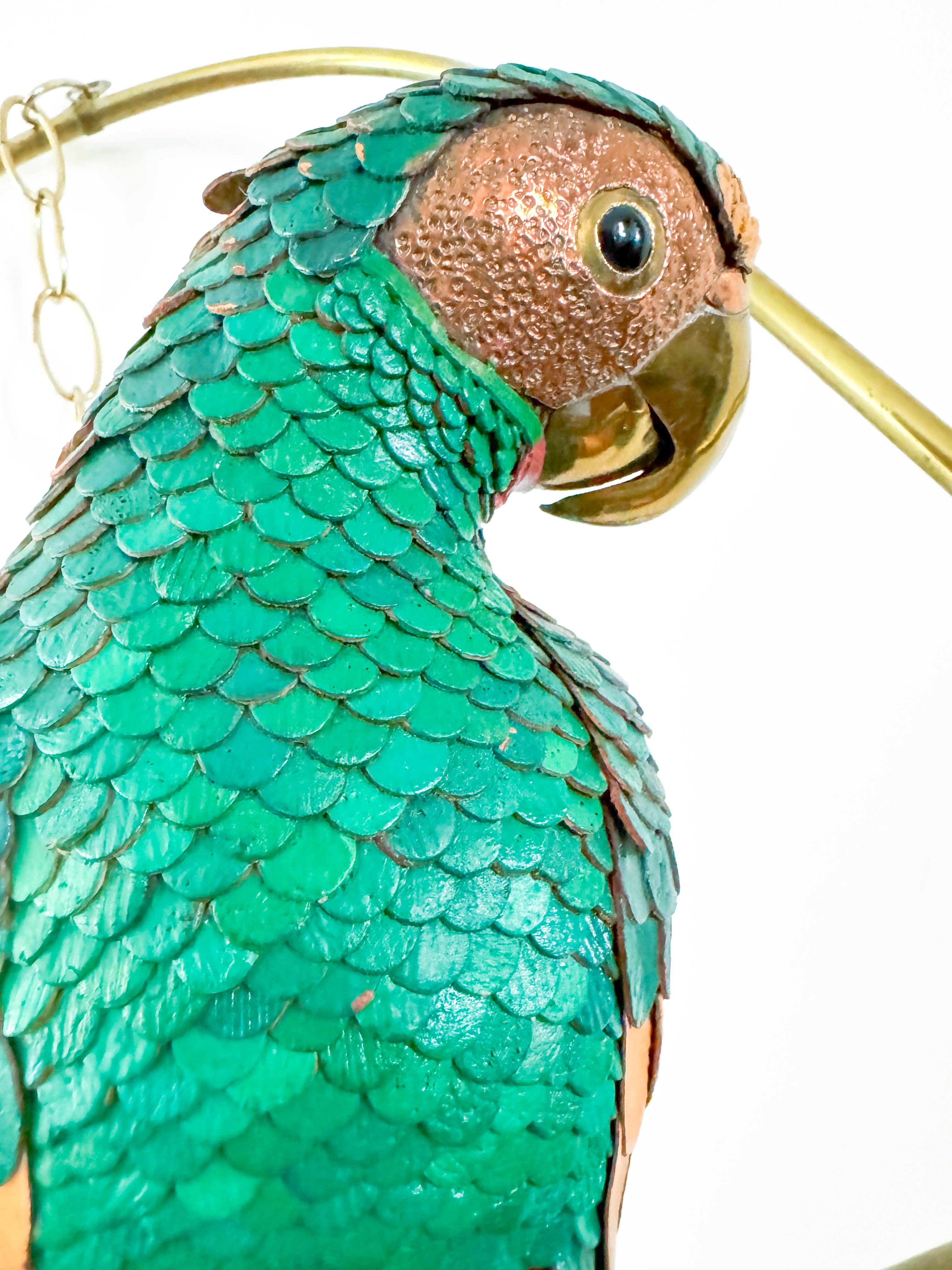 20th Century Leather Brass Parrot Sculpture Federico Mexico Style Hanging Bird Swing 1970's