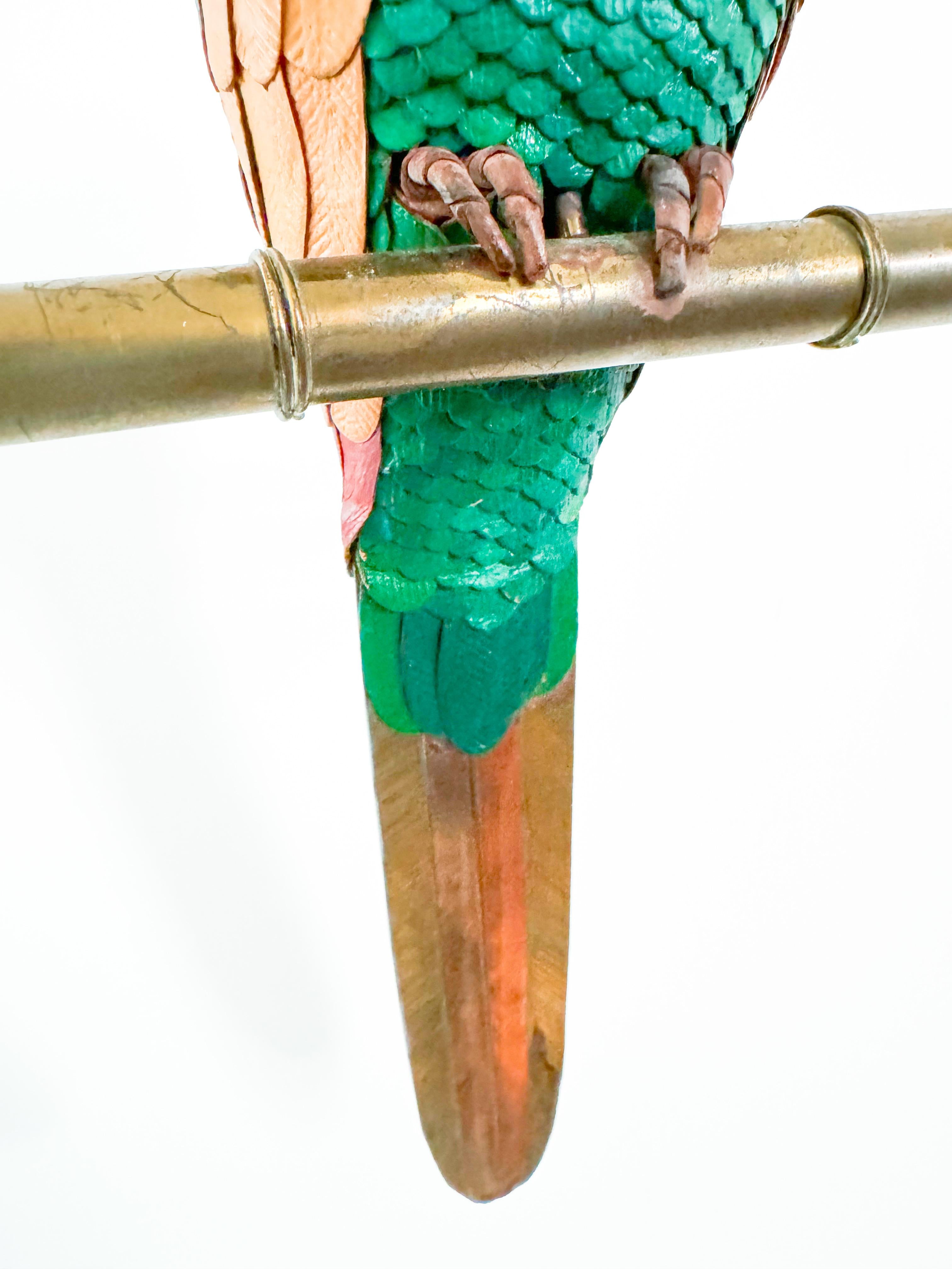 Leather Brass Parrot Sculpture Federico Mexico Style Hanging Bird Swing 1970's 1
