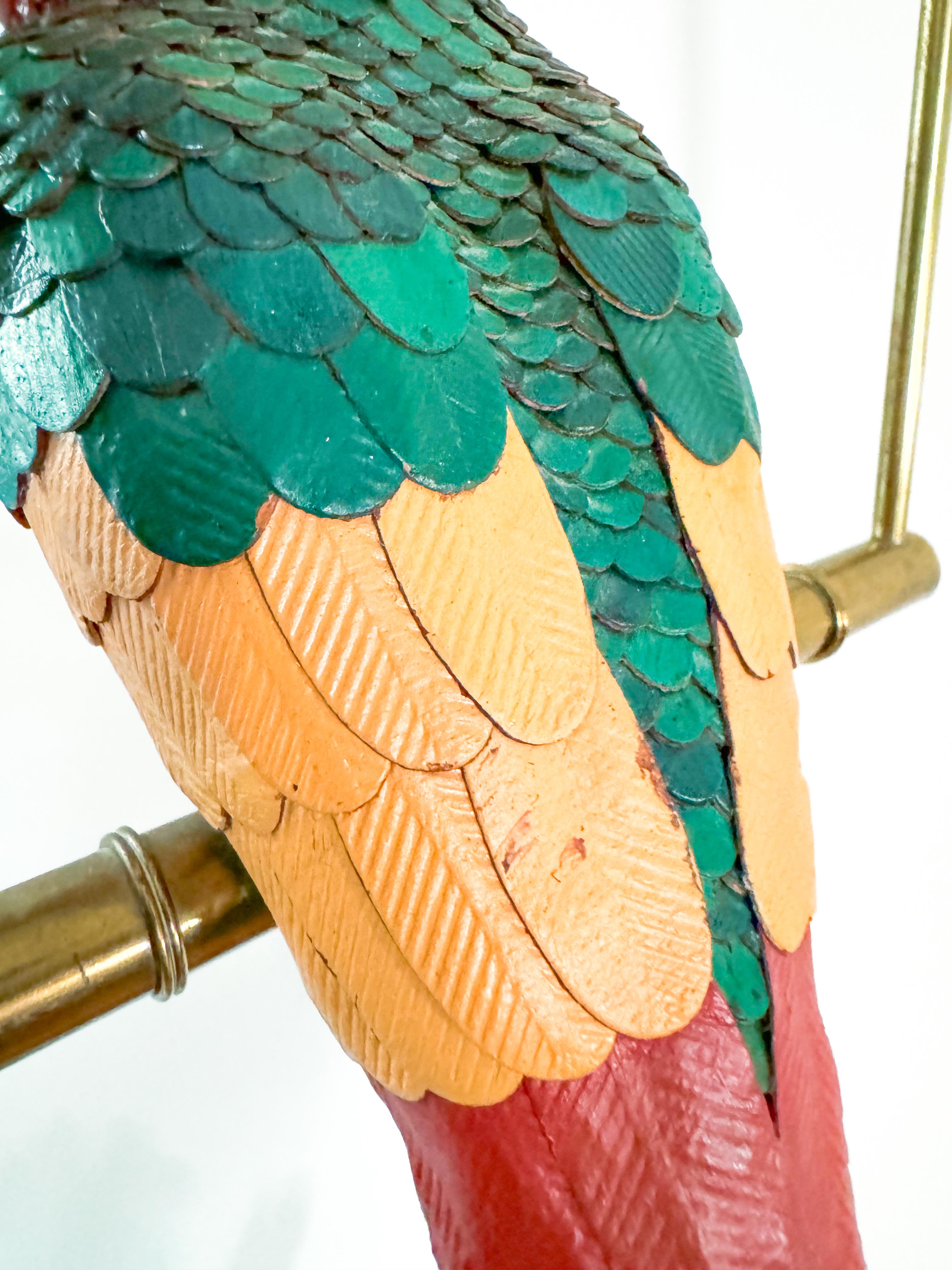 Leather Brass Parrot Sculpture Federico Mexico Style Hanging Bird Swing 1970's 2