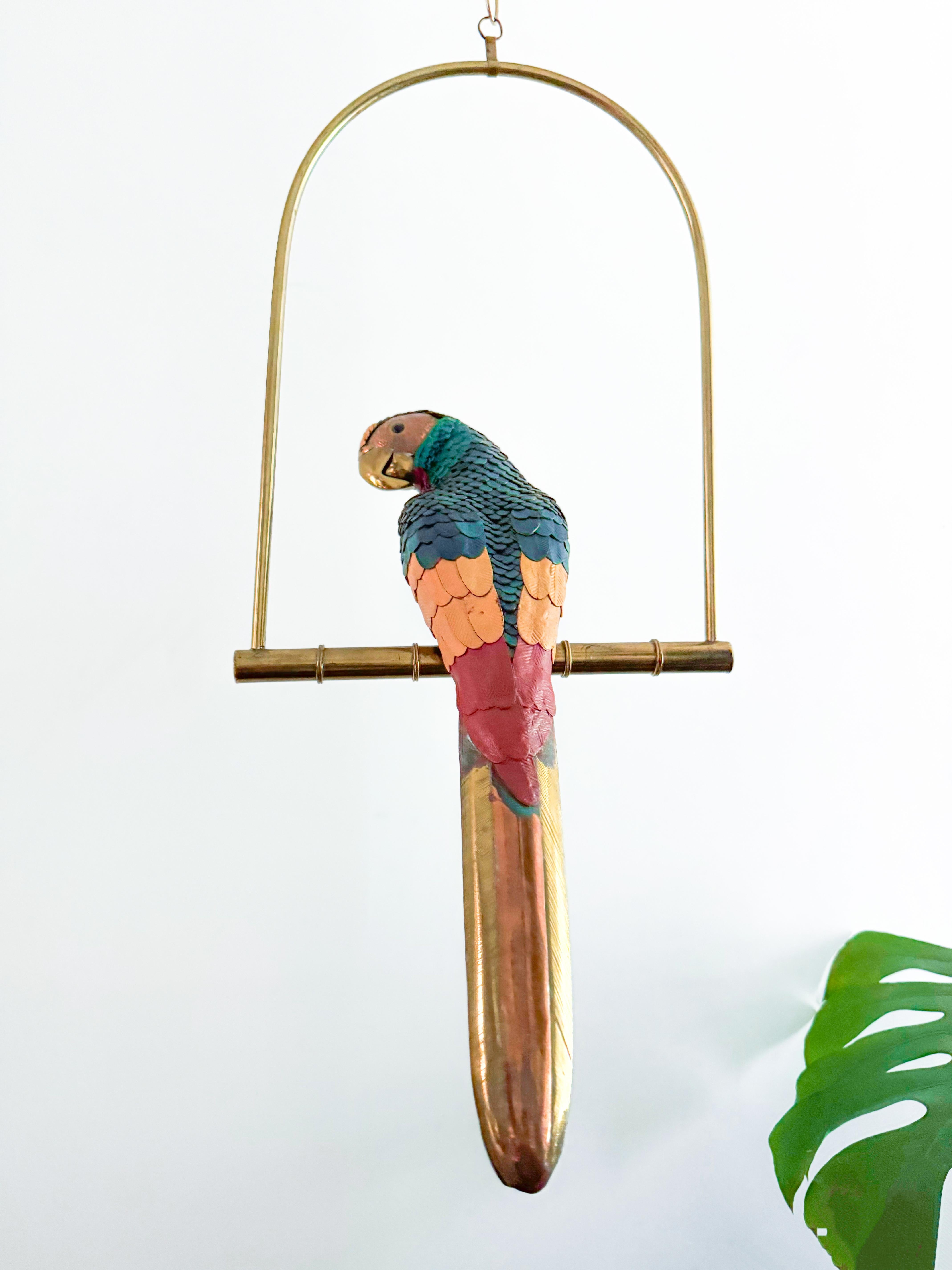 Leather Brass Parrot Sculpture Federico Mexico Style Hanging Bird Swing 1970's 3