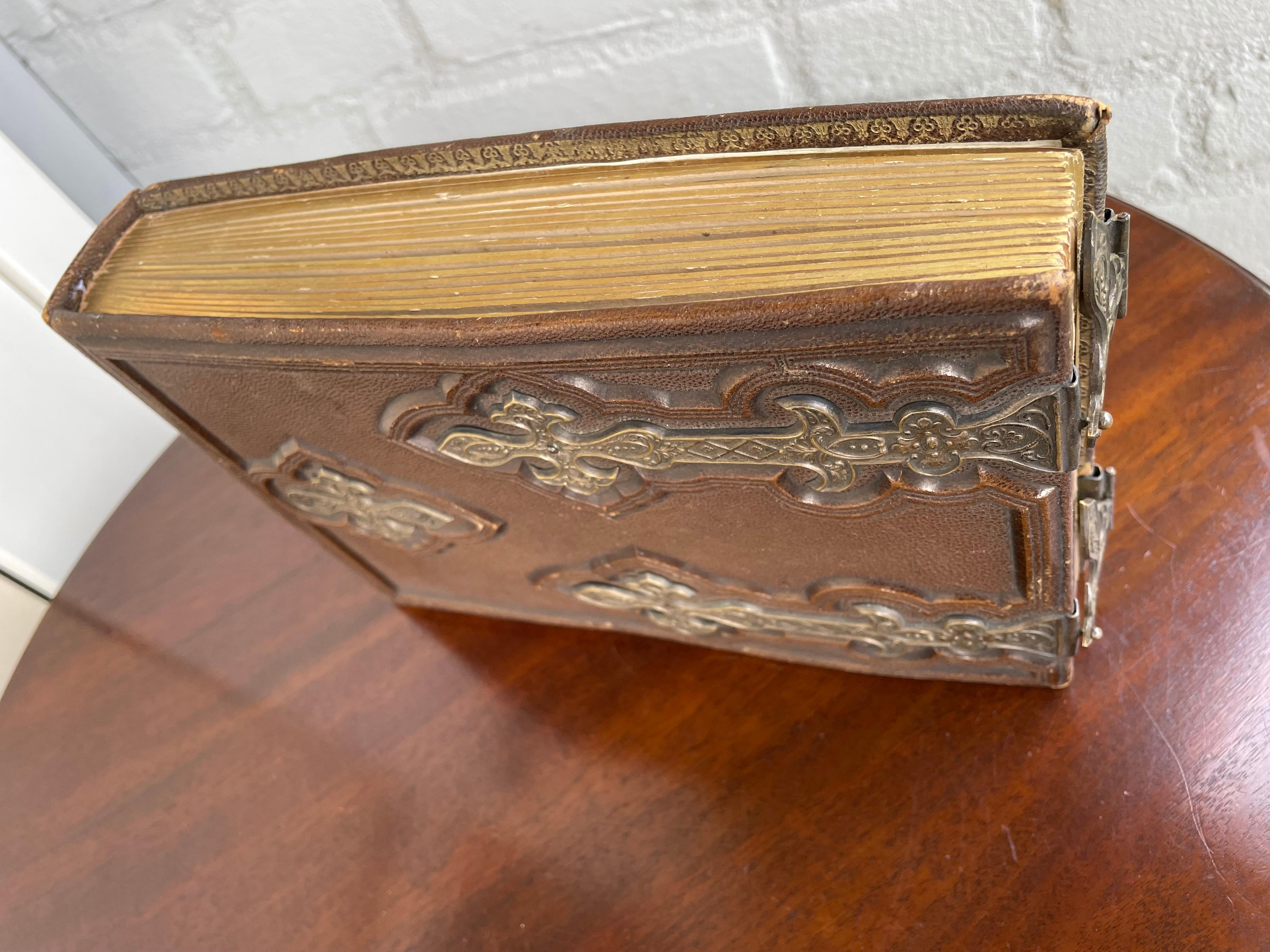 Leather & Bronzed Metal Gothic Revival Photo Album w. Gilt Pages Antique Photos For Sale 8