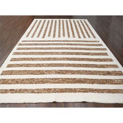Leather Brown Wool Minimalist Stripe Design Hand Knotted Oversized Oriental Rug