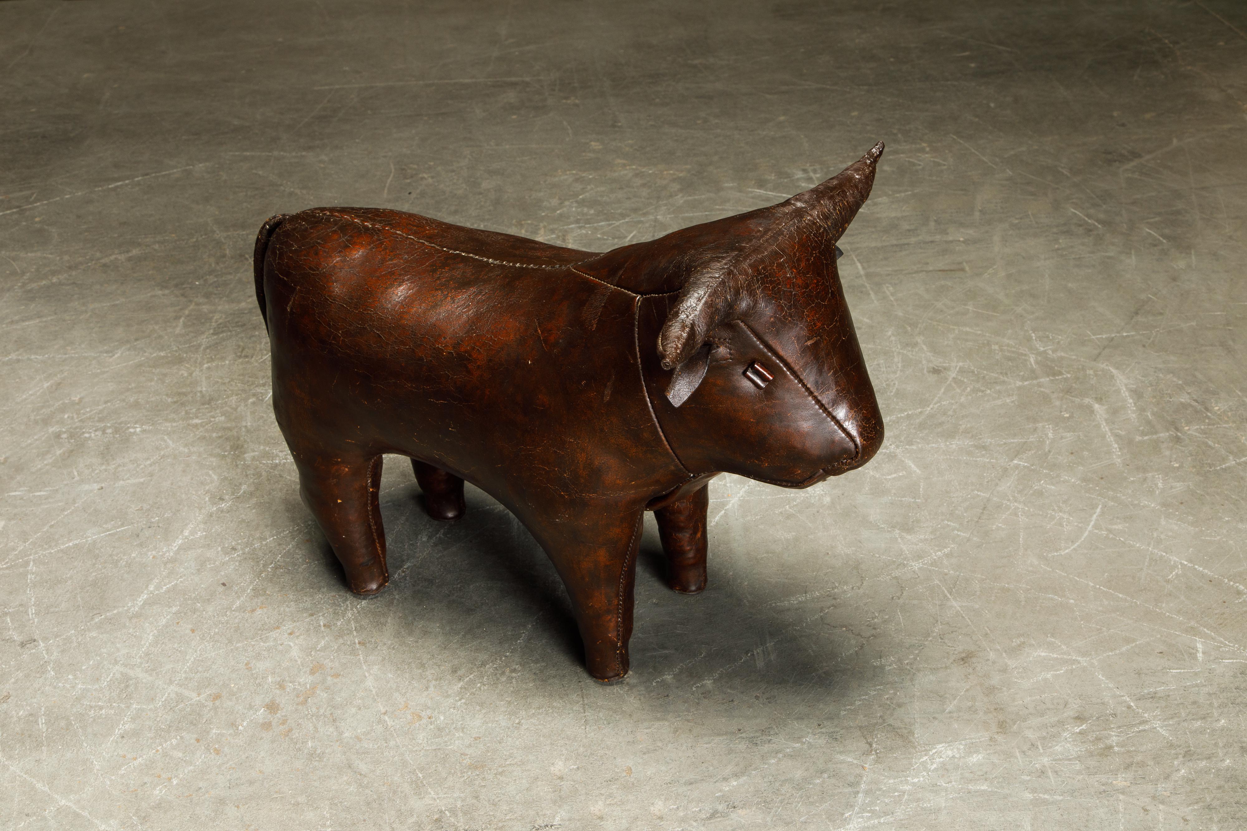 Leather Bull Footstool by Dimitri Omersa for Abercrombie & Fitch, 1960s, Signed 4