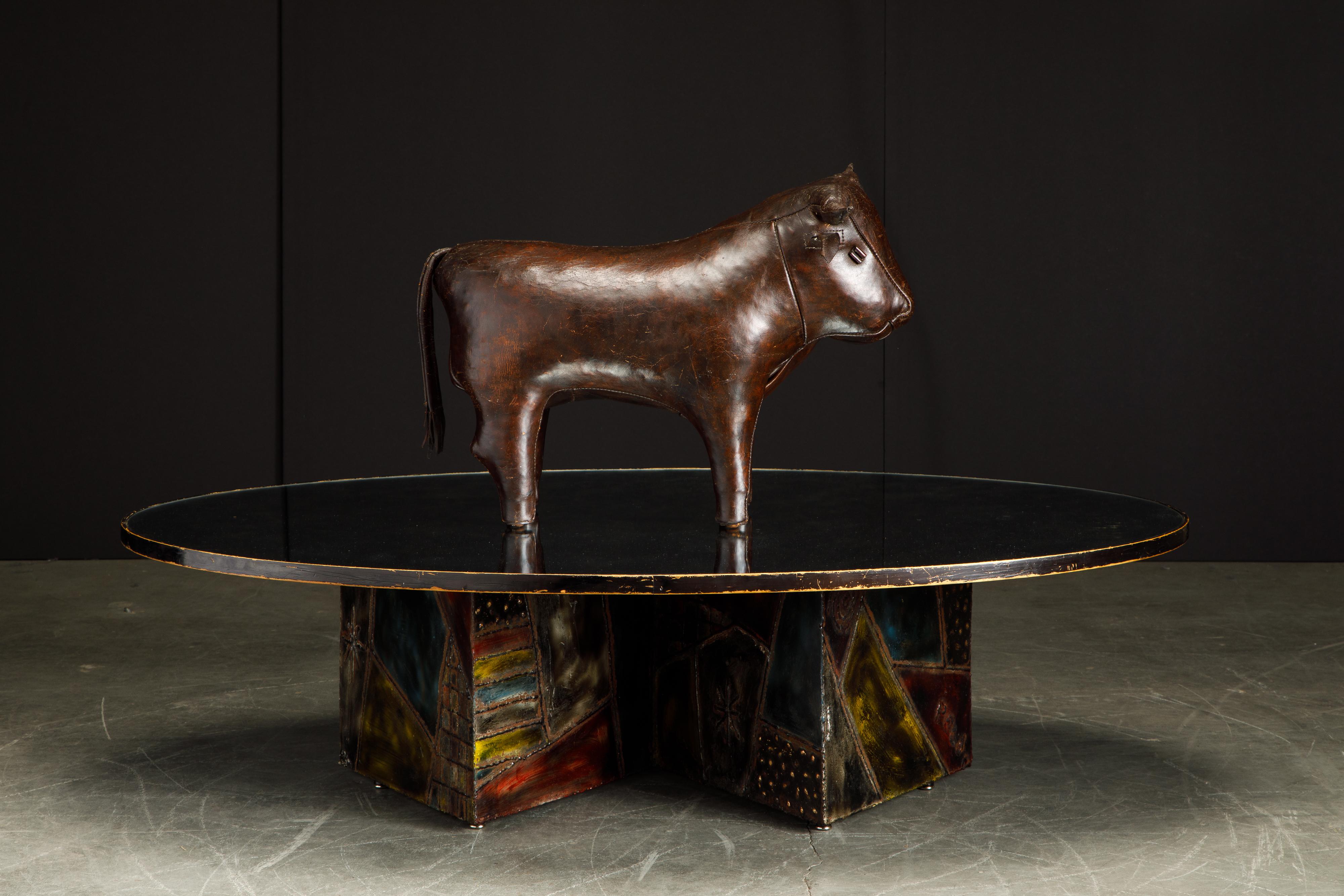 Mid-Century Modern Leather Bull Footstool by Dimitri Omersa for Abercrombie & Fitch, 1960s, Signed