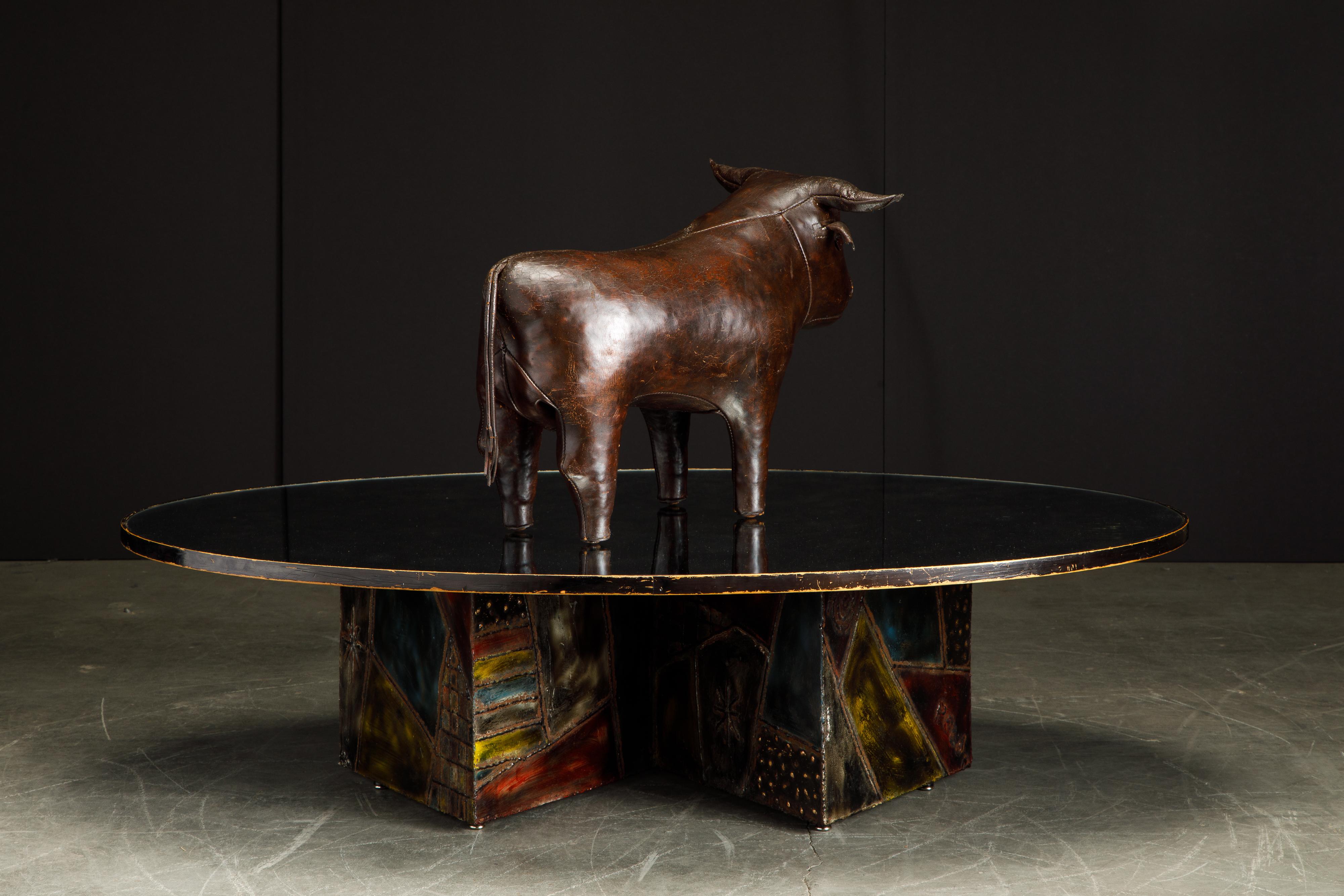 English Leather Bull Footstool by Dimitri Omersa for Abercrombie & Fitch, 1960s, Signed