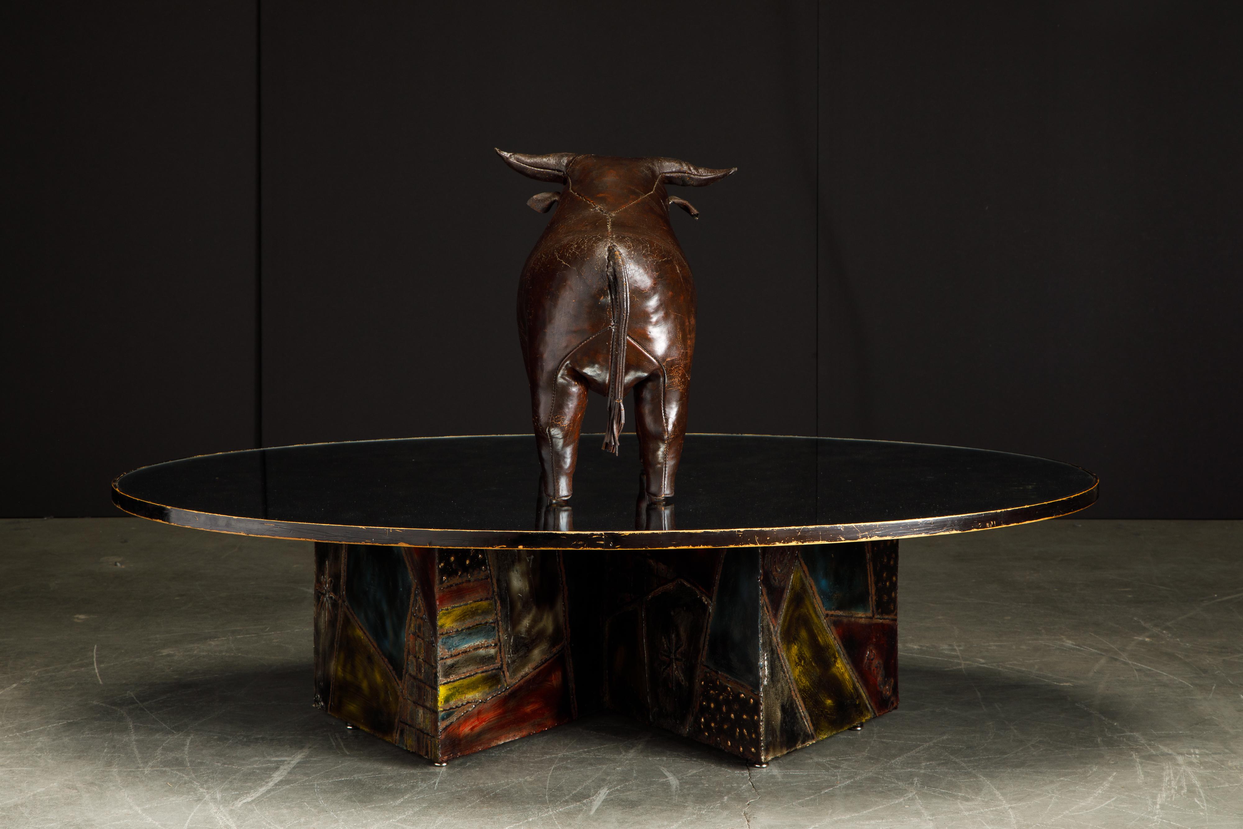 Patinated Leather Bull Footstool by Dimitri Omersa for Abercrombie & Fitch, 1960s, Signed