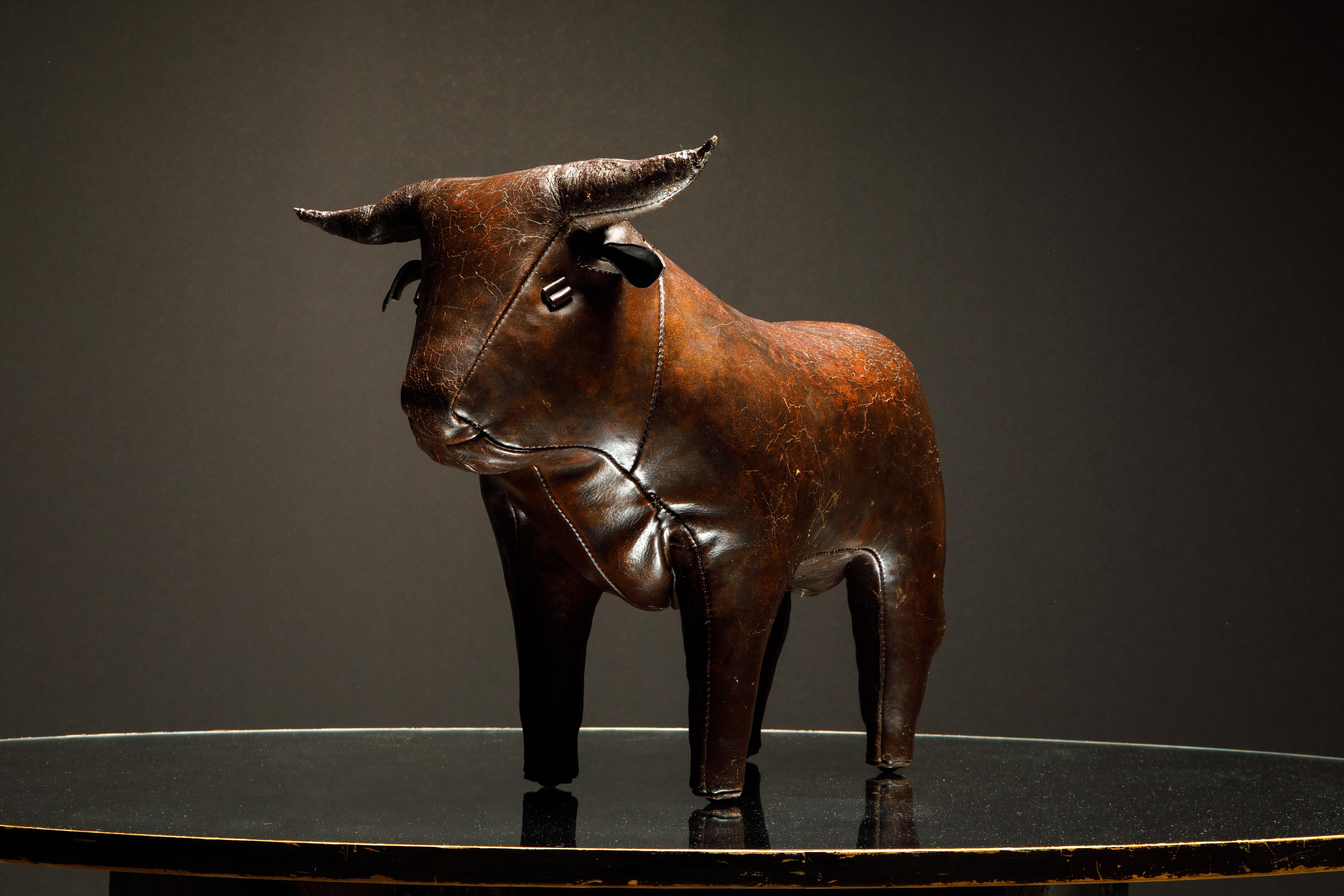 Leather Bull Footstool by Dimitri Omersa for Abercrombie & Fitch, 1960s, Signed In Good Condition In Los Angeles, CA