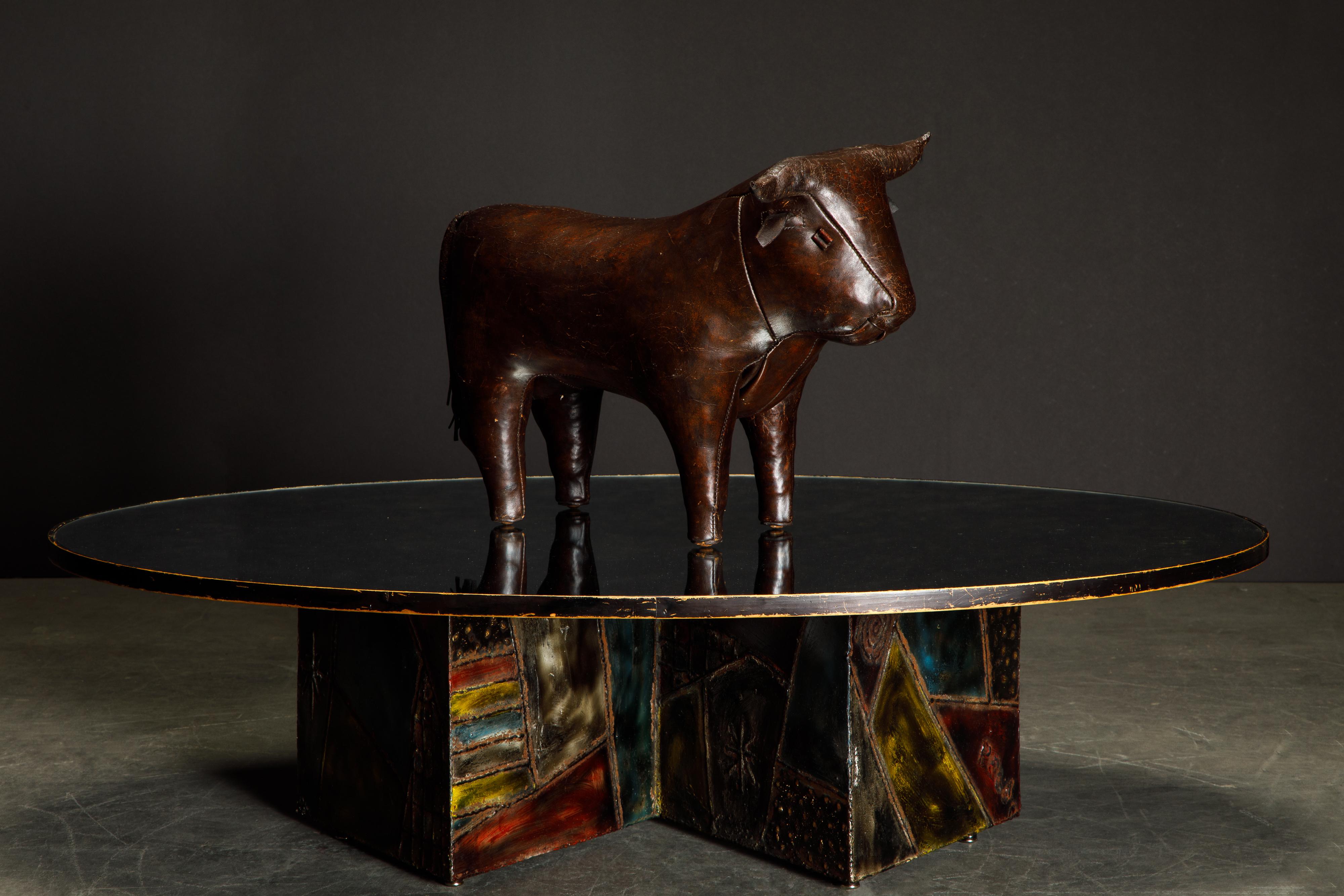 Mid-20th Century Leather Bull Footstool by Dimitri Omersa for Abercrombie & Fitch, 1960s, Signed