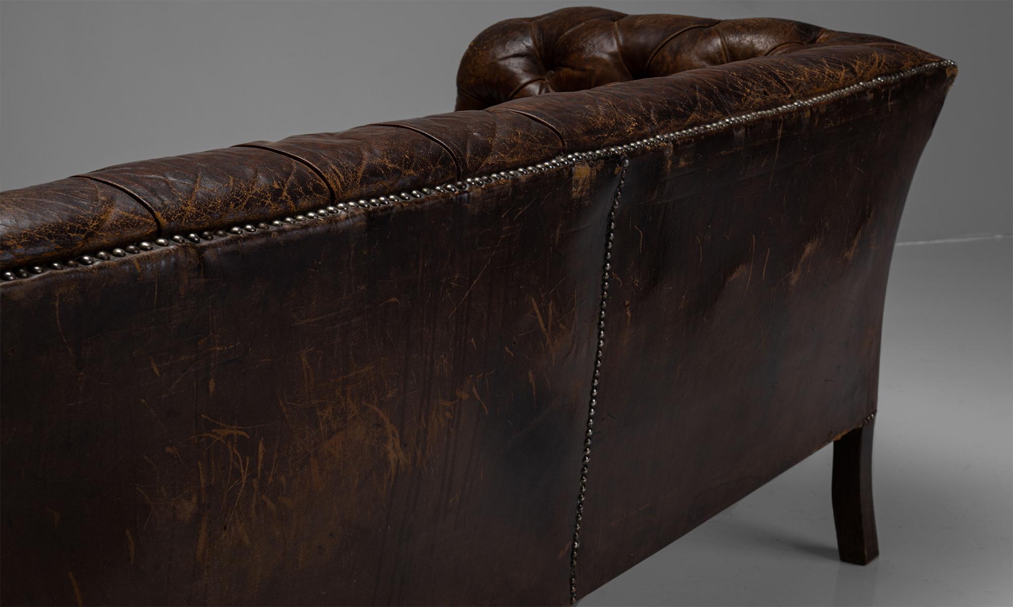 Carved Leather Chesterfield Two Seater Sofa, Circa 1900