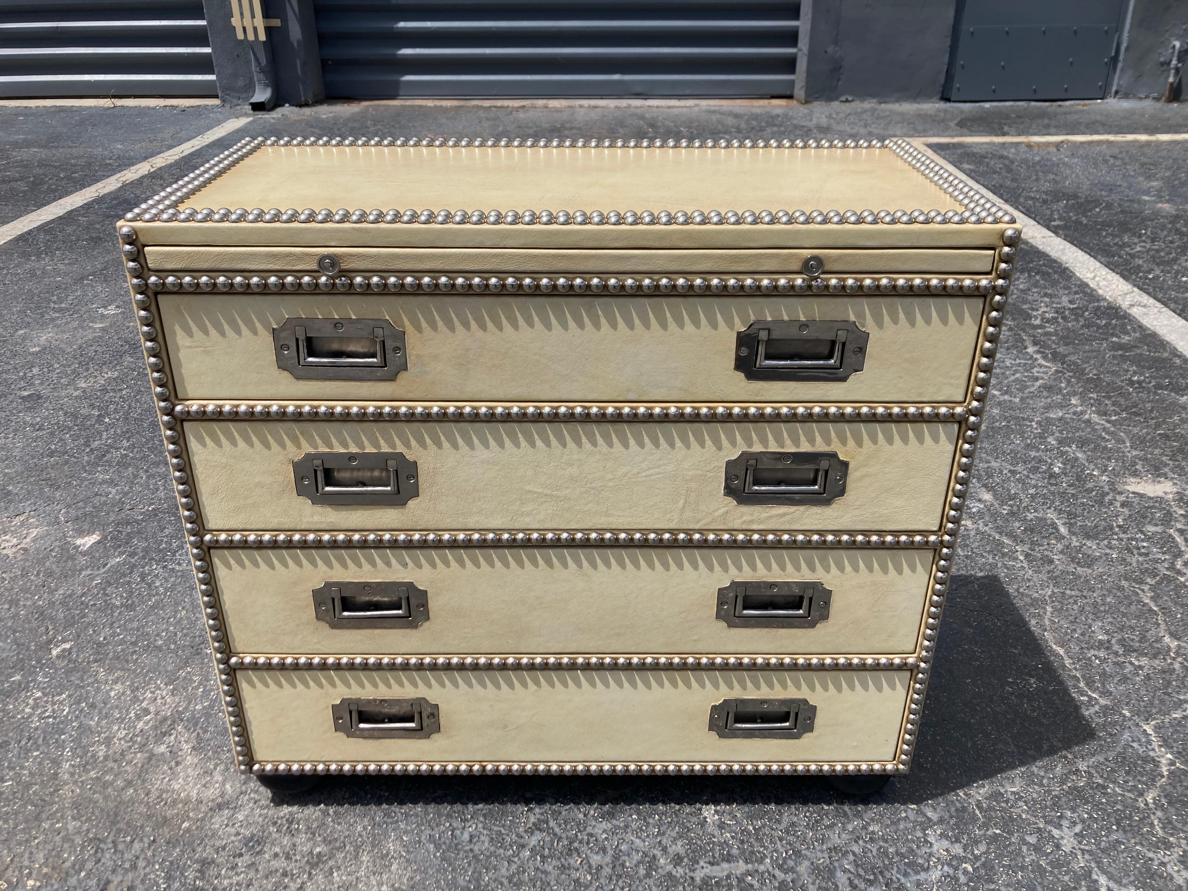 Modern Leather Campaign Chest of Drawers, Nickel For Sale