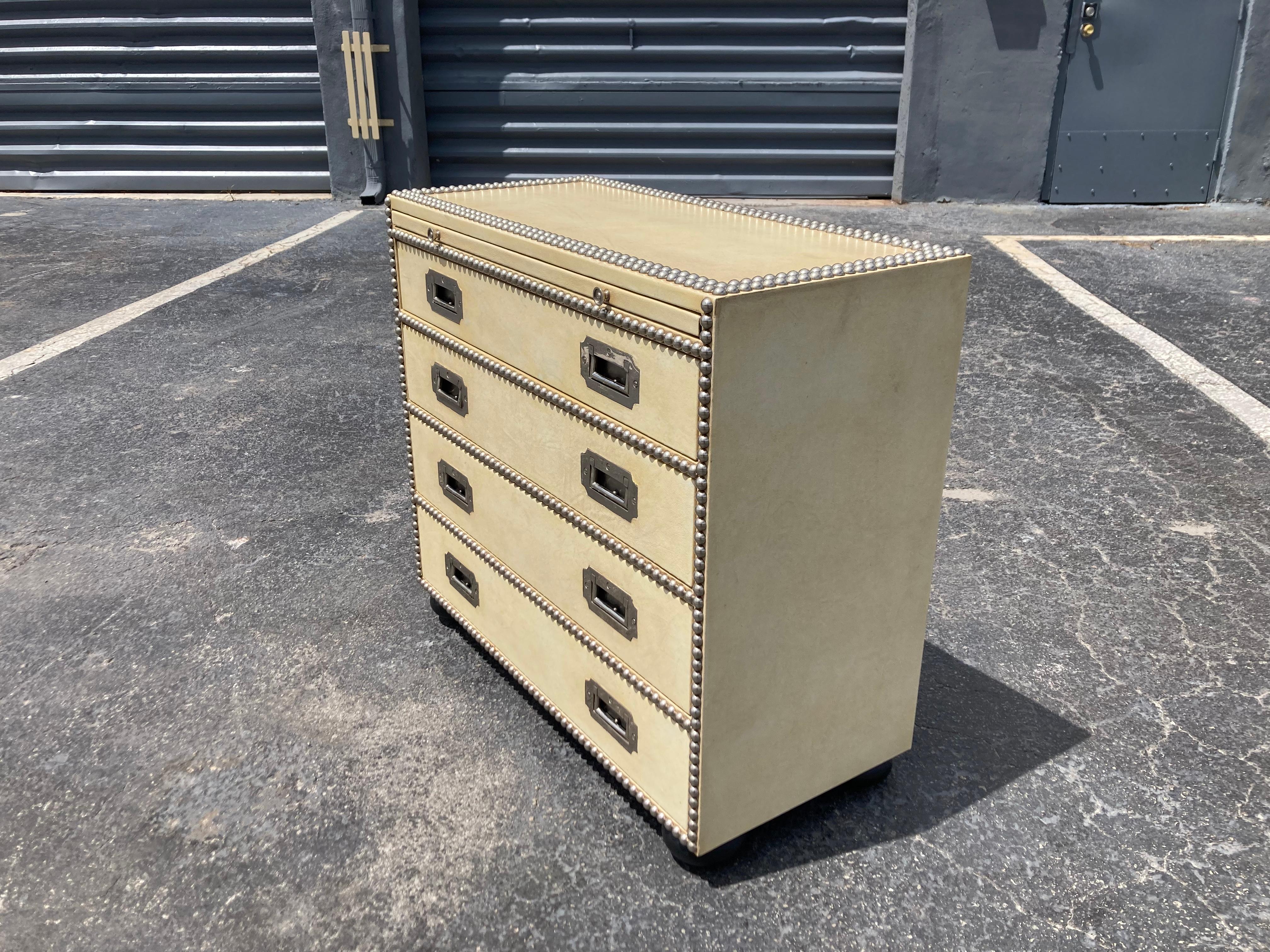 Leather Campaign Chest of Drawers, Nickel In Good Condition For Sale In Miami, FL