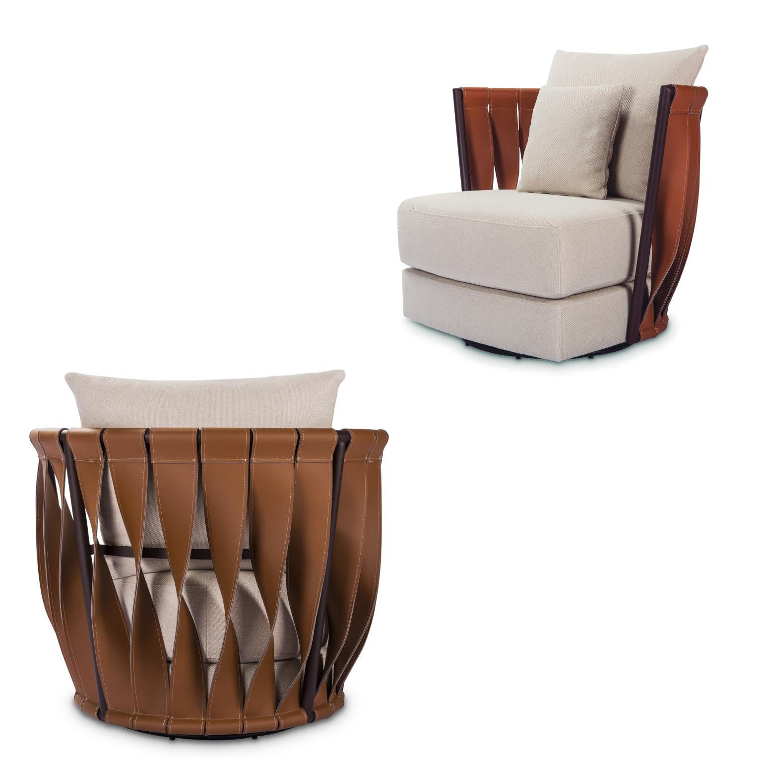 Swivel, Faux Leather Caramel and Fabric Cream Armchair Palla with Decor Cushions In New Condition For Sale In Miami, FL