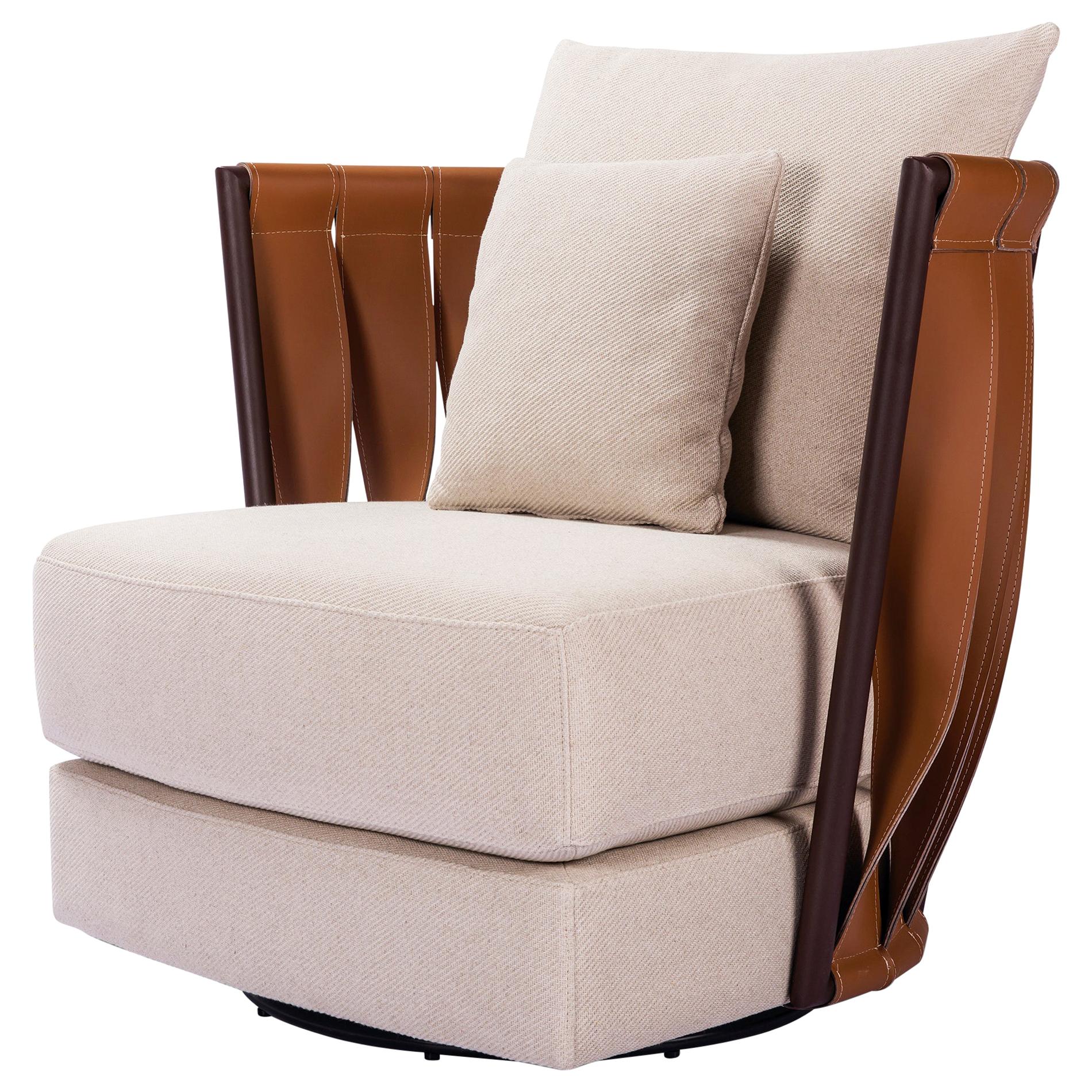 Swivel, Faux Leather Caramel and Fabric Cream Armchair Palla with Decor Cushions For Sale
