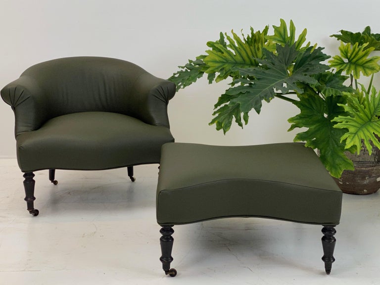 Patinated Vintage Green Leather Chair and Pouf For Sale