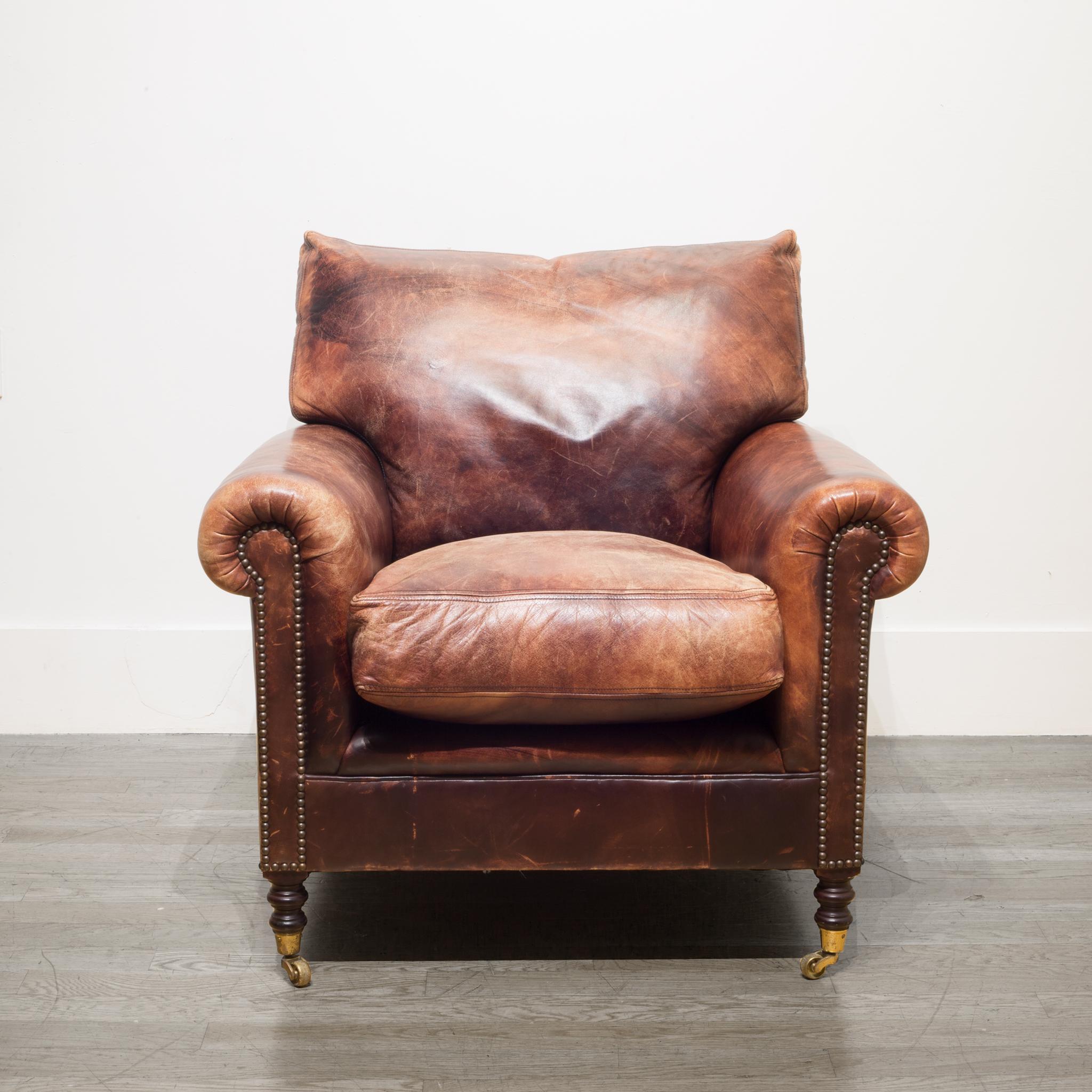 About

A Classic distressed leather club chair by renowned English furniture maker George Smith. The chairs feature solid wood turned legs with brass casters.

Creator George Smith.
Date of manufacture circa 1990-2000.
 Materials and