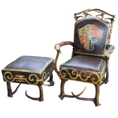 Antique Leather Chair & Ottoman with Austrian Habsburg Antlers & Painted Royal Crest