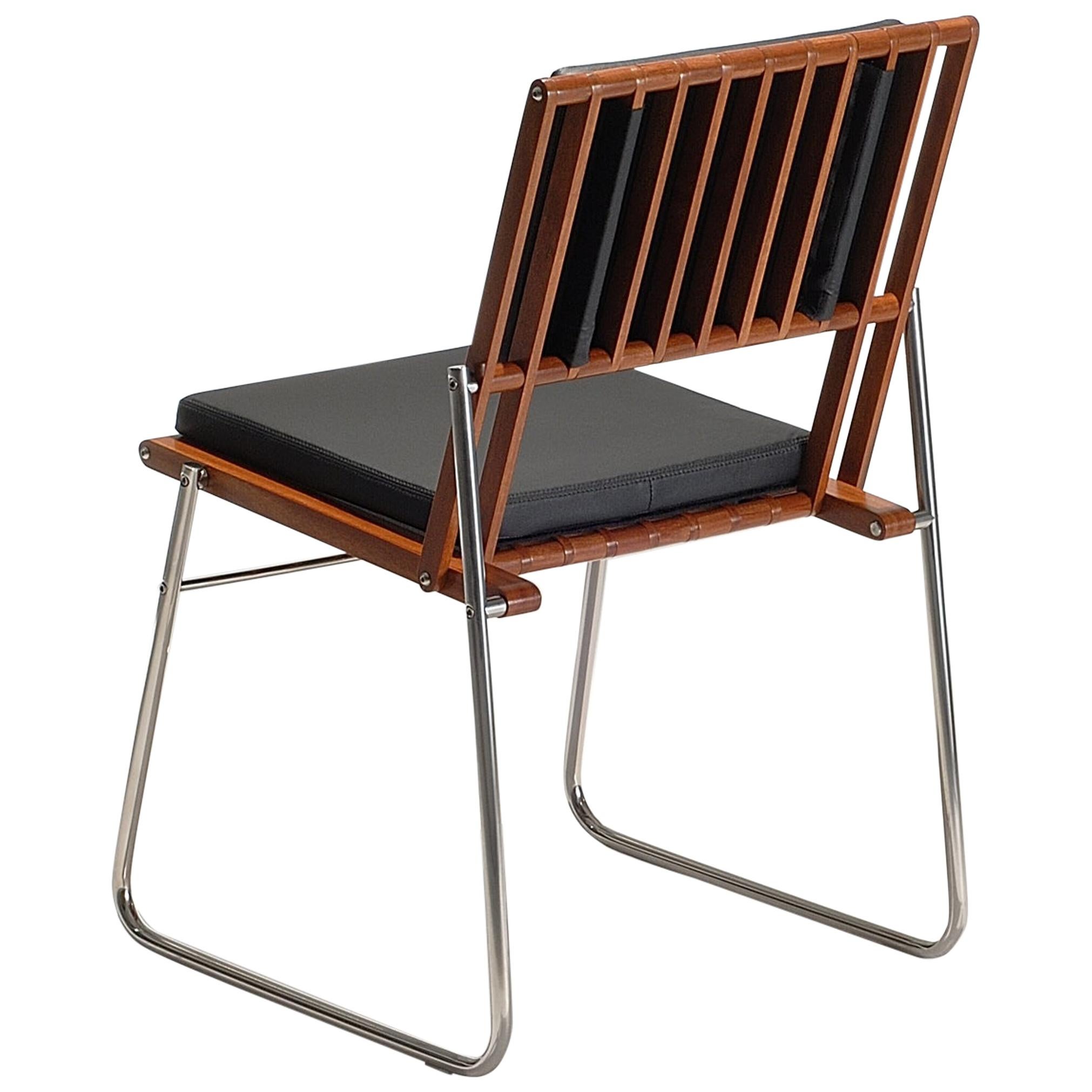 Chaise en cuir avec acier inoxydable et bois en vente